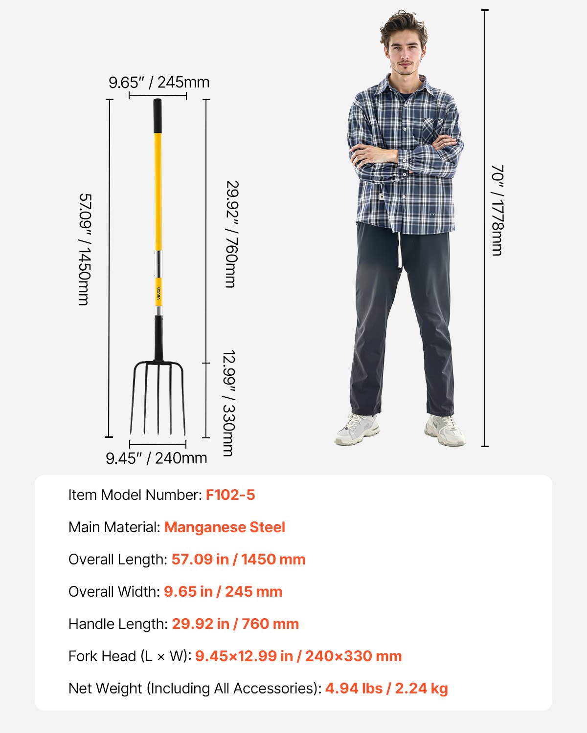 Widły do ​​obornika VEVOR 1450 mm, widły 5-zębowe z uchwytem z włókna szklanego, widły do ​​obornika, widły do ​​obornika, widły ogrodowe, widły do ​​siana, kompostowania ziemniaków, przesadzania i napowietrzania ze stali kutej
