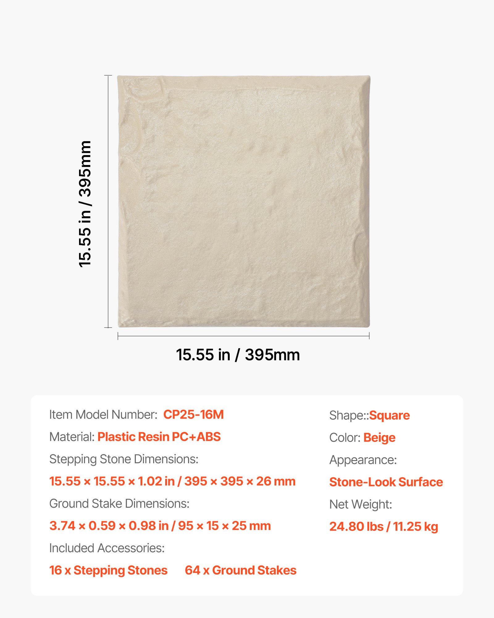 VEVOR Kamienie ogrodowe, 16 sztuk, 395 x 395 mm, dekoracyjna płyta chodnikowa z palikami, plastikowa kostka brukowa do ścieżek, wygląd kamienia do trawnika, patio, beżowa