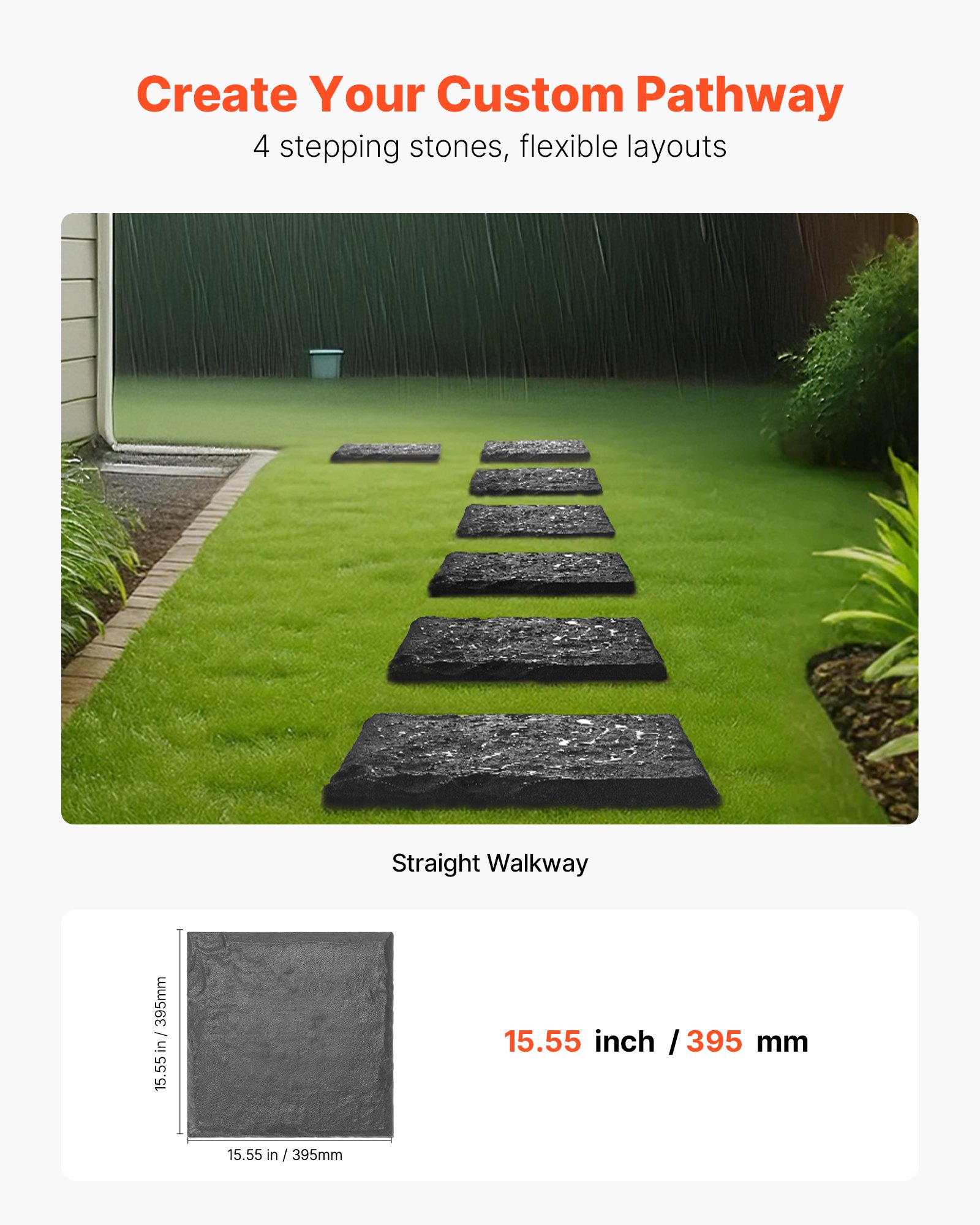 VEVOR Kamienie do ścieżek ogrodowych, 4 sztuki, 395 x 395 mm, dekoracyjna płyta chodnikowa z palikami do wbijania w ziemię, plastikowa kostka brukowa do ścieżek, płyta kamienna z żywicy PC+ABS, wygląd kamienia do trawnika, patio, kolor szary