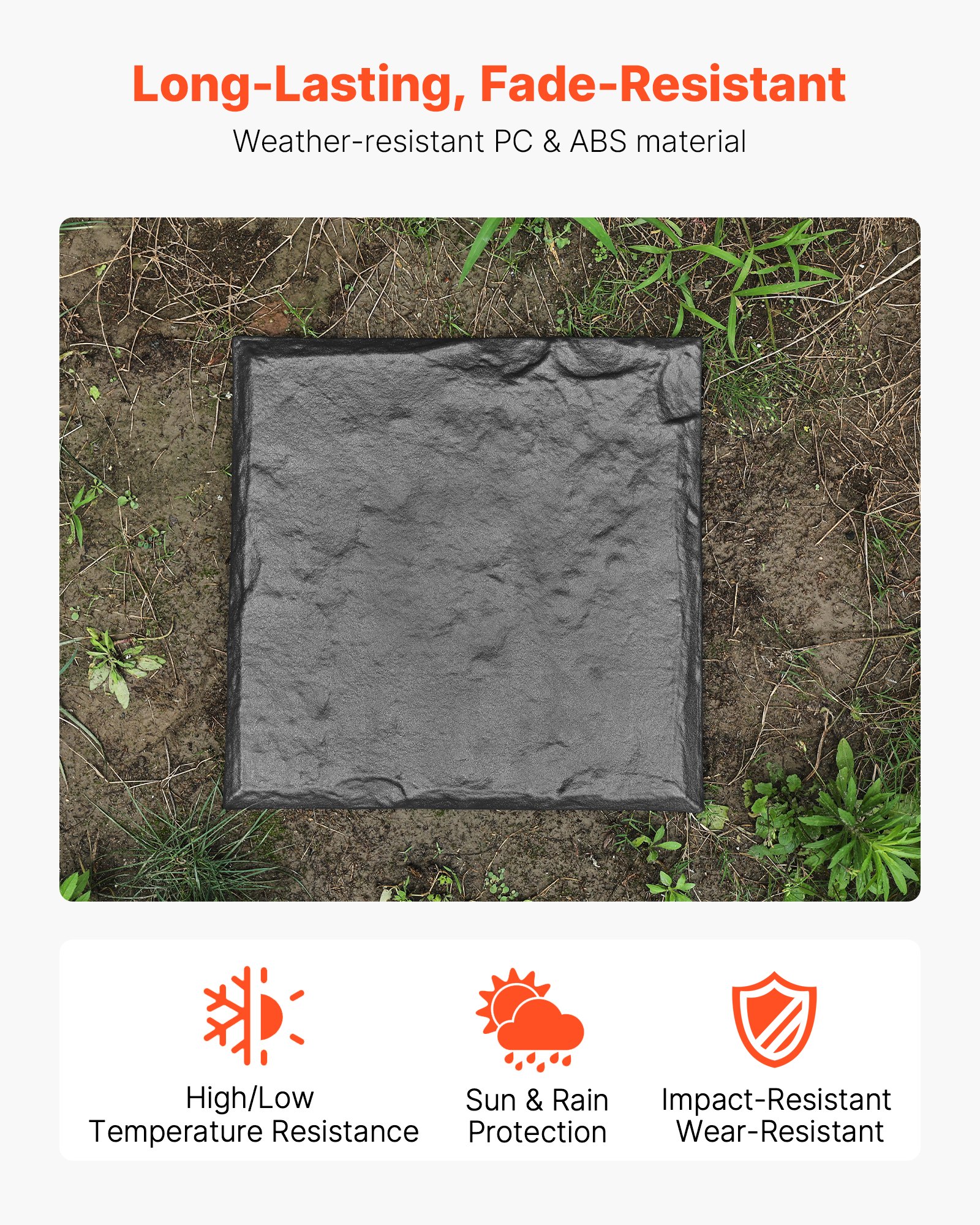 VEVOR Kamienie ogrodowe, 8 sztuk, 395 x 395 mm, dekoracyjna płyta chodnikowa z palikami, plastikowa kostka brukowa do ścieżek, wygląd kamienia do trawnika, patio, kolor szary