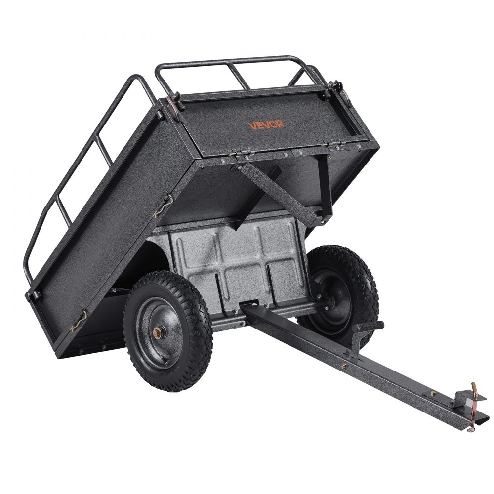 Przyczepa wywrotka VEVOR o ładowności 226,79 kg, przyczepa transportowa do pojazdów ATV i UTV o wymiarach 142 x 76 x 70 cm, wywrotka z oponami o szerokości 35,56 cm, z napędem ręcznym lub pedałem nożnym, przyczepa ogrodowa do traktorów kosiarek