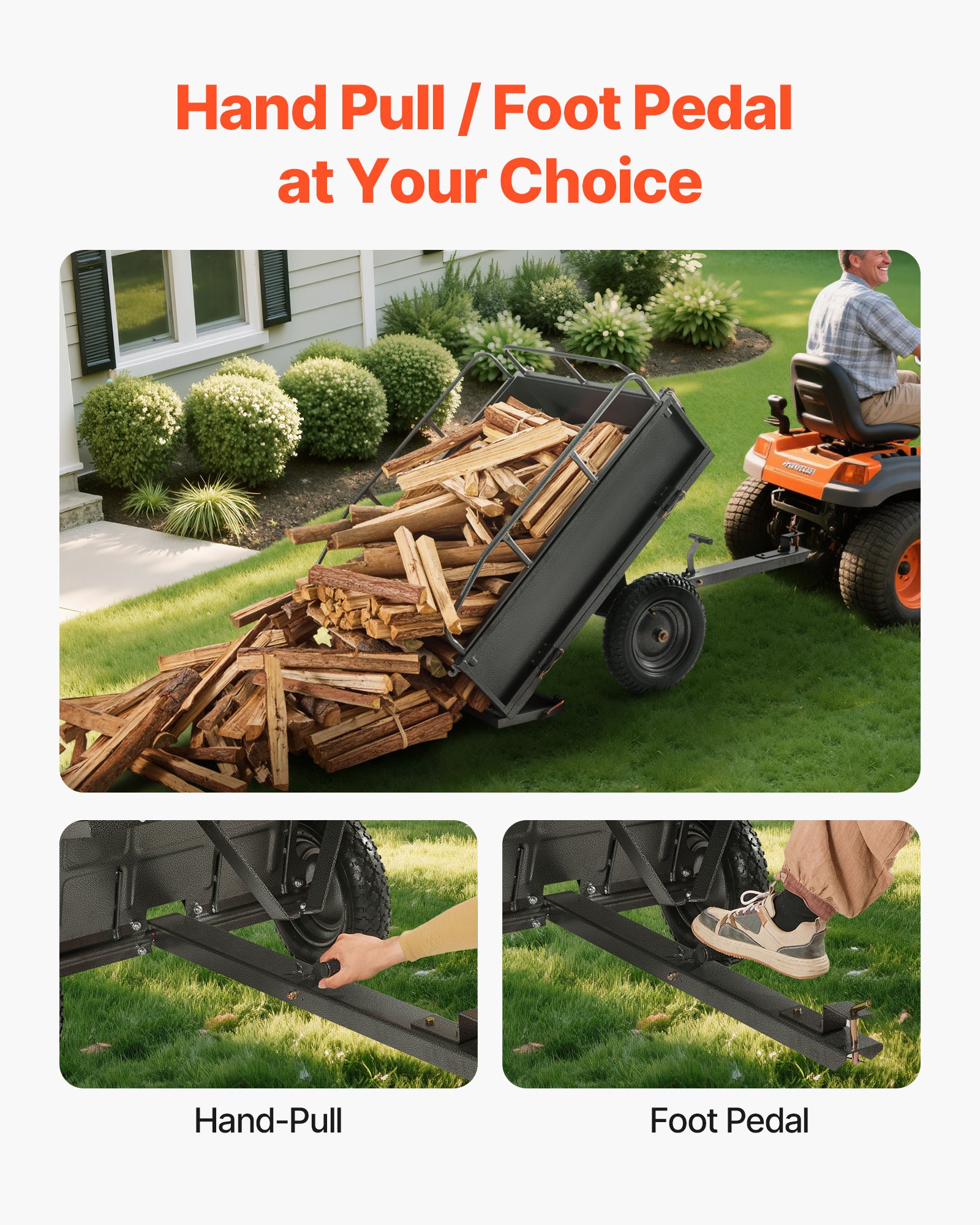 Przyczepa wywrotka VEVOR o ładowności 226,79 kg, przyczepa transportowa do pojazdów ATV i UTV o wymiarach 142 x 76 x 70 cm, wywrotka z oponami o szerokości 35,56 cm, z napędem ręcznym lub pedałem nożnym, przyczepa ogrodowa do traktorów kosiarek