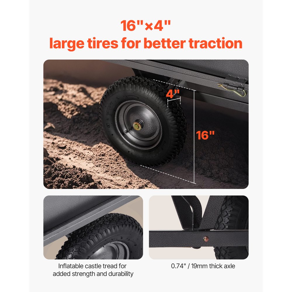 Przyczepa wywrotka VEVOR o ładowności 272 kg, przyczepa transportowa do pojazdów ATV i UTV, wywrotka ciągniona z oponami o szerokości 40,64 cm, pedał ręczny lub nożny, przyczepa ogrodowa do traktorów kosiarek
