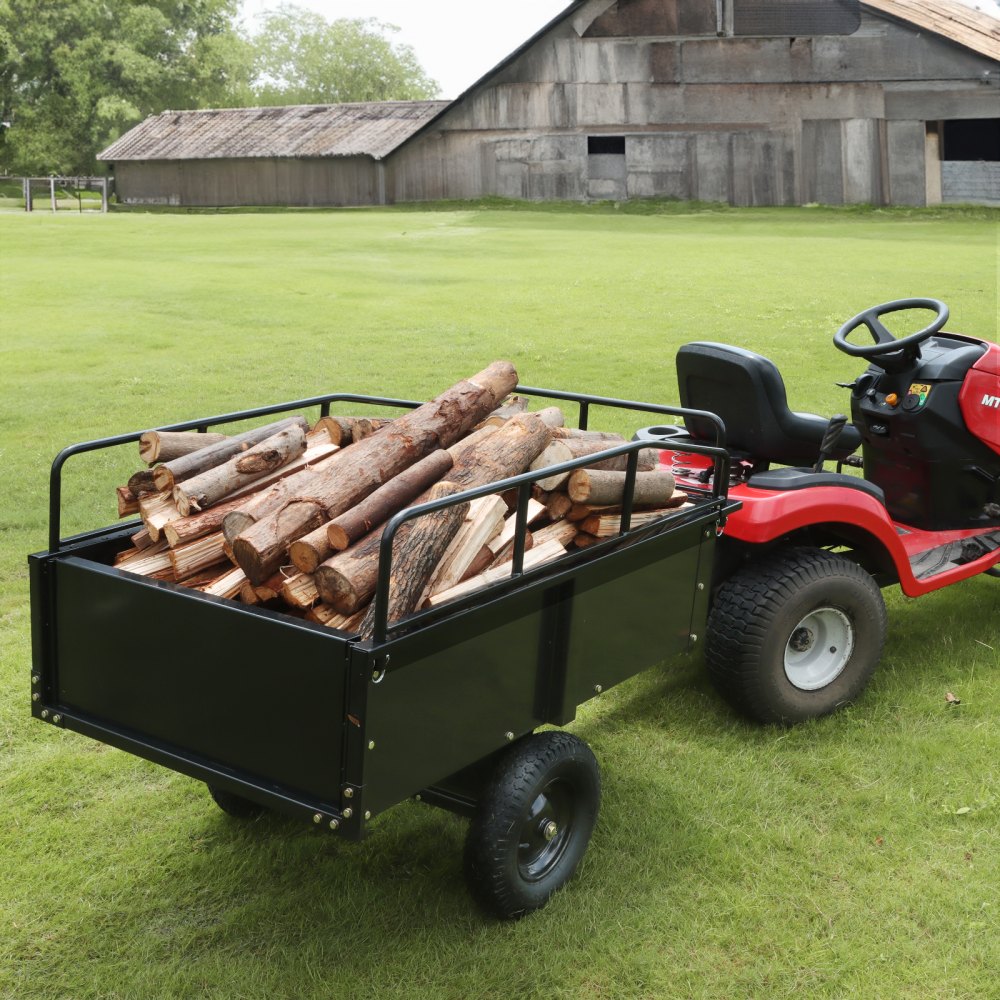 VEVOR Wytrzymała przyczepa-wywrotka do traktorków ogrodowych o ładowności 340 kg, zaczep z odchylaną skrzynią ładunkową, przyczepa ze składanymi ścianami bocznymi, czarna przyczepa-wywrotka ATV UTV