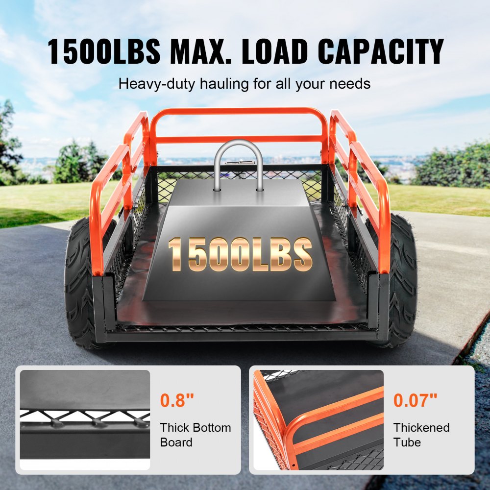 VEVOR Heavy-Duty Lawn Tractor Tipping Trailer with 680 kg Load Capacity, Towing Hitch with Tilting Loading Platform, Trailer with Foldable Side Panels, Orange ATV UTV Tipping Trailer