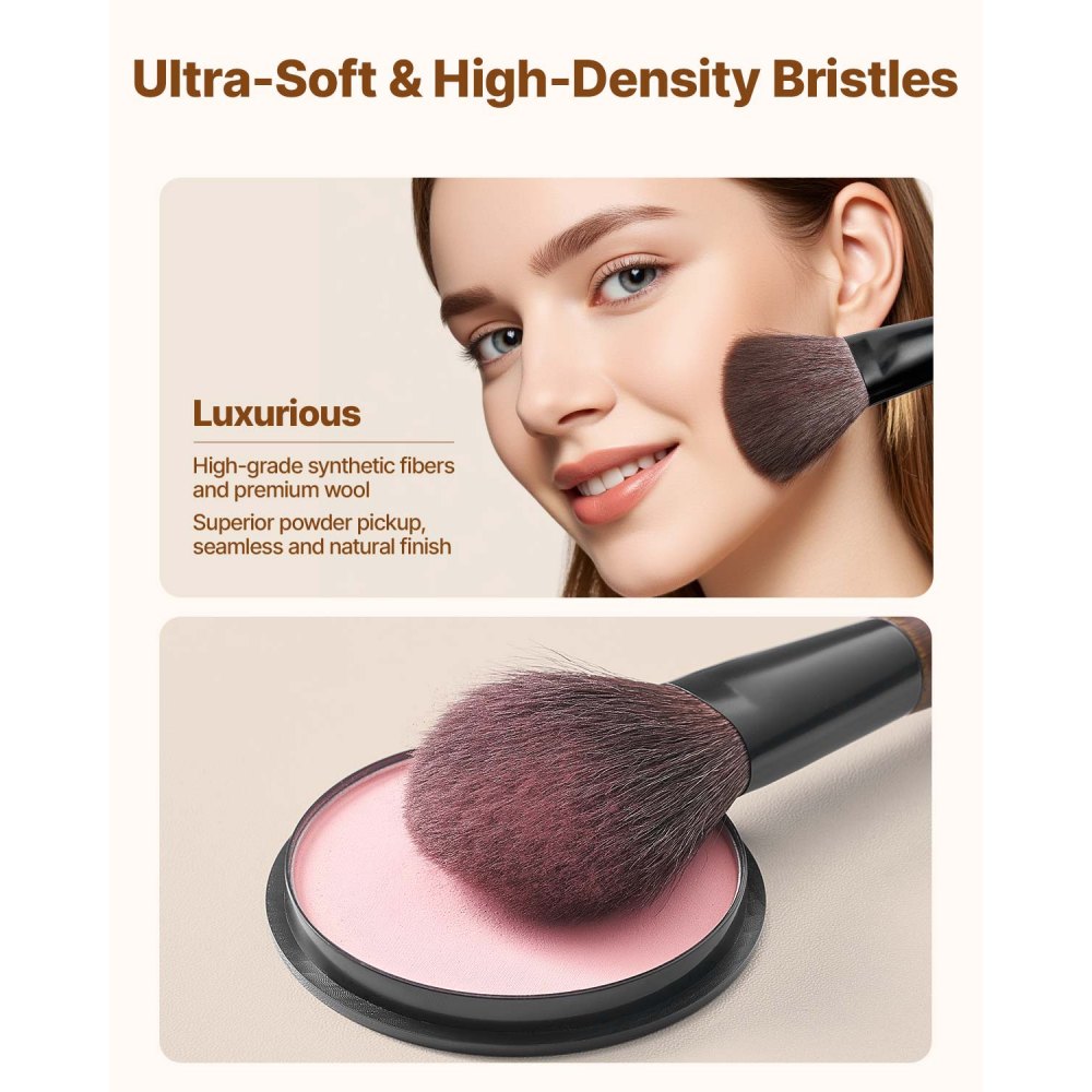 VEVOR 9-Piece Makeup Brush Set for Foundation Blending Eyeshadow, Professional Makeup Brush Kit with Soft Natural Wool & Vegan Synthetic Bristles, Ergonomic Wood Handle, Travel-Friendly Storage Bag
