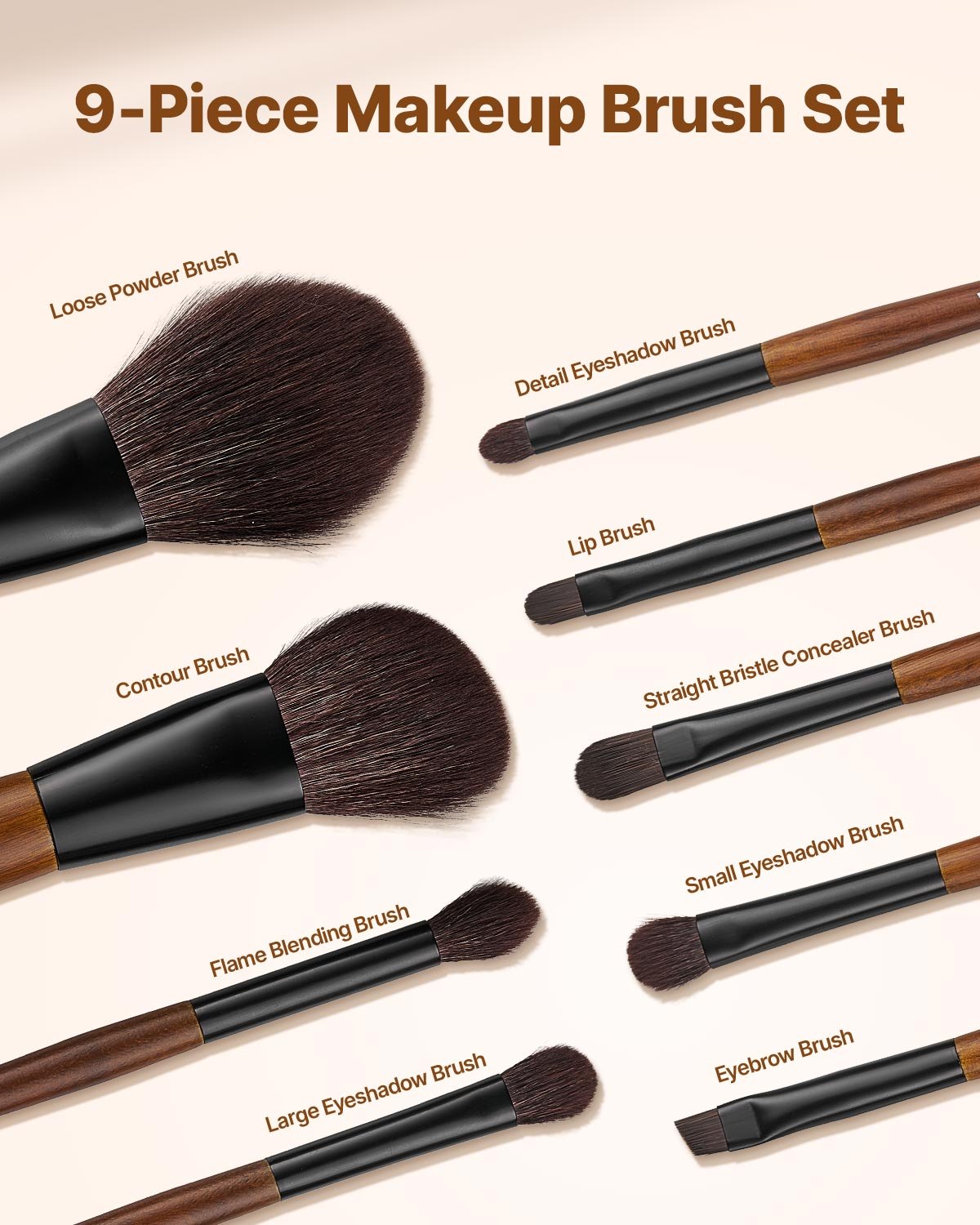 VEVOR 9-Piece Makeup Brush Set for Foundation Blending Eyeshadow, Professional Makeup Brush Kit with Soft Natural Wool & Vegan Synthetic Bristles, Ergonomic Wood Handle, Travel-Friendly Storage Bag