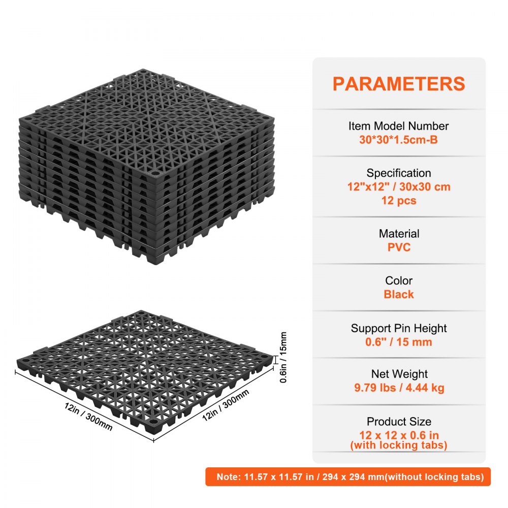 Płytki VEVOR Interlocking Tiles 12 szt. Płytki podłogowe Płytki drenażowe, Płytki podłogowe 30 x 30 cm Kwadratowe płytki podłogowe zewnętrzne Płytki podłogowe PCV na patio Łazienka, toaleta Czarne