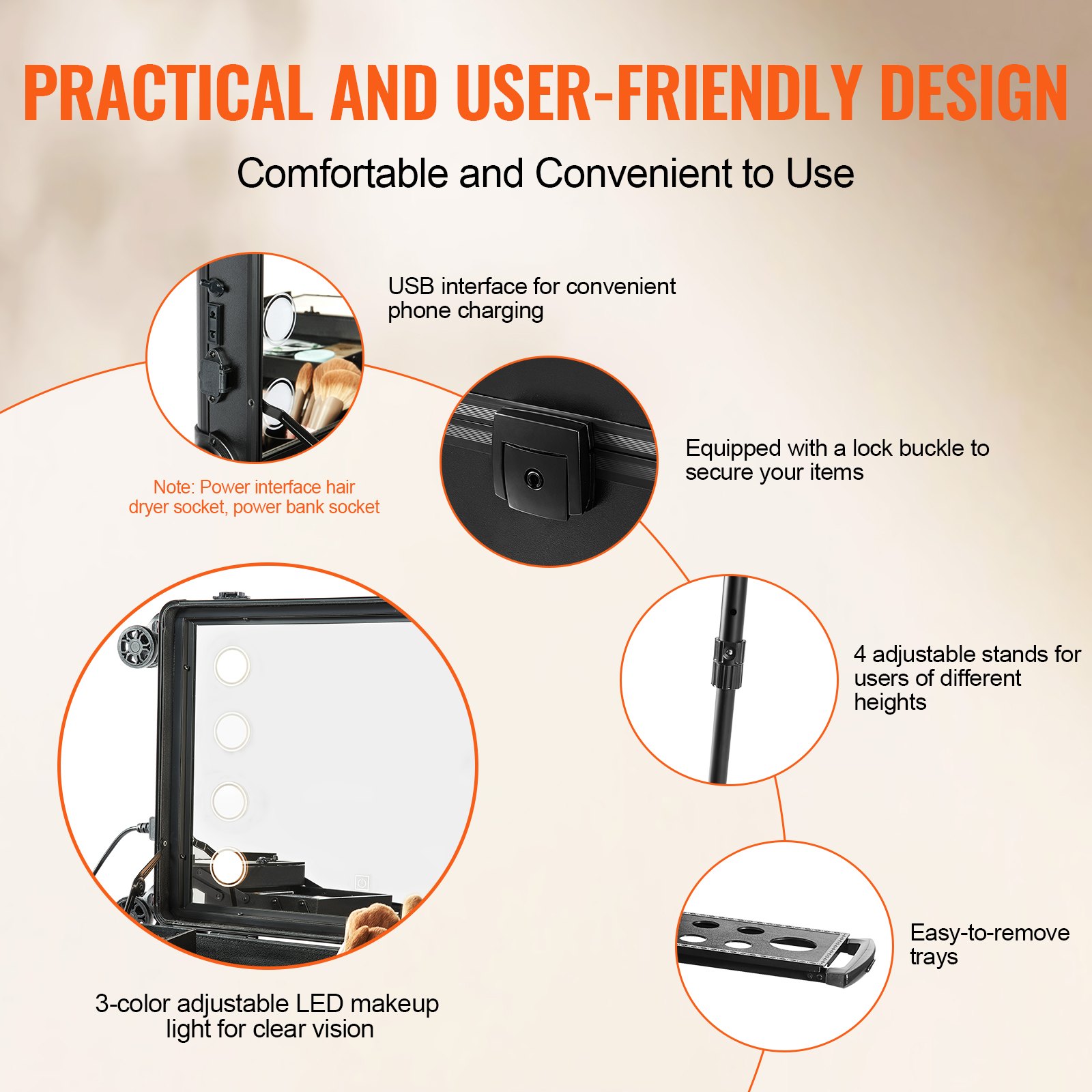 Kosmetyczka VEVOR 1030 x 510 x 1360 mm Torba na kosmetyki ABS + płyta MDF + rama aluminiowa Kosmetyczka na kosmetyki Idealna do fryzjerstwa, studiów makijażu, makijażu ślubnego lub okolicznościowego