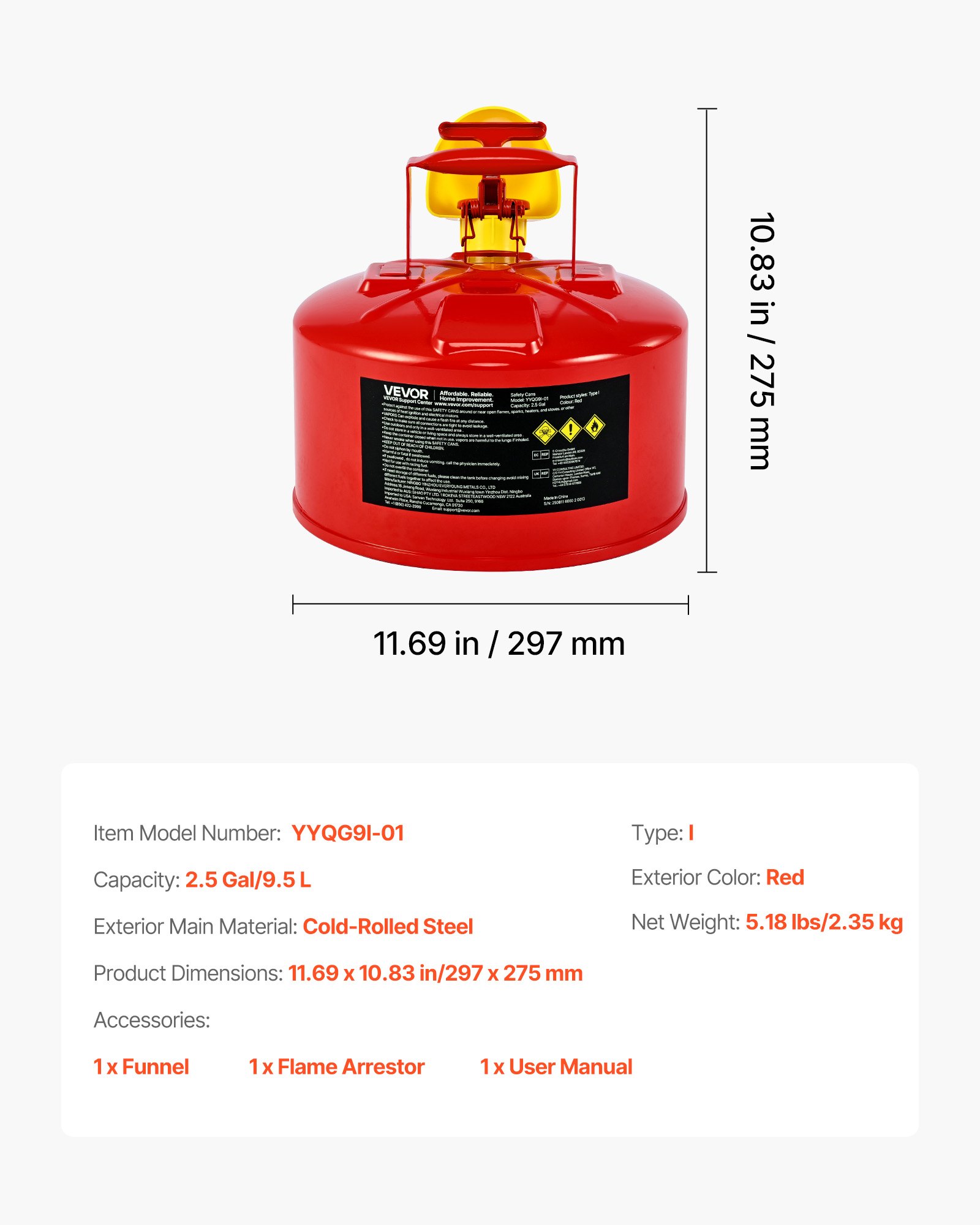 Pojemnik bezpieczeństwa VEVOR, 9,5 l, typ I, czerwony, na benzynę, z zabezpieczeniem przeciwpożarowym ze stali nierdzewnej, samozamykającą się pokrywą i lejkiem z PE, pojemnik do przechowywania substancji łatwopalnych, czerwony