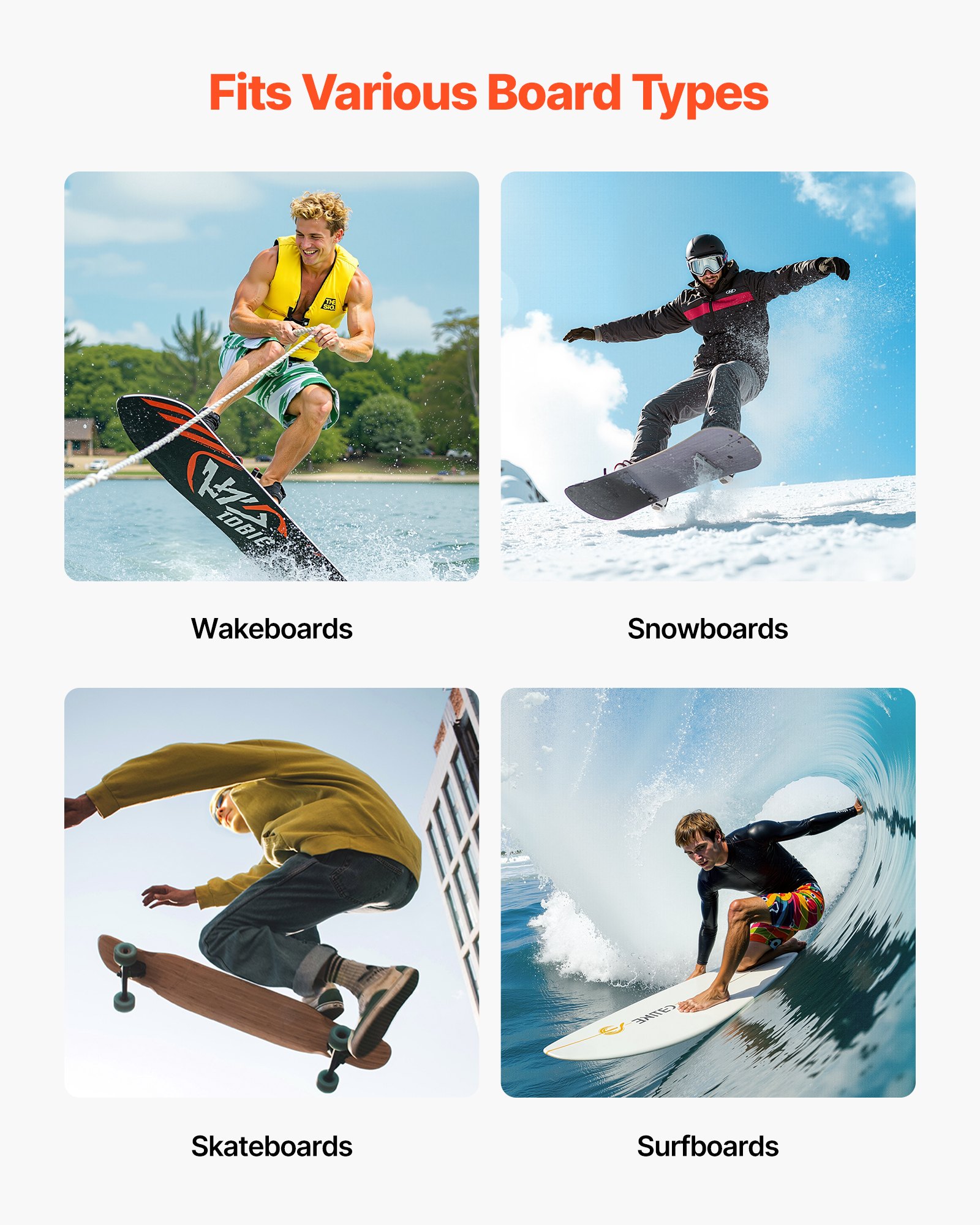 Wieszak ścienny na deskę surfingową VEVOR (4 poziomy) do przechowywania i ekspozycji, organizer z regulacją wysokości do desek kitesurfingowych, krótkich desek, nart, snowboardów, czarny