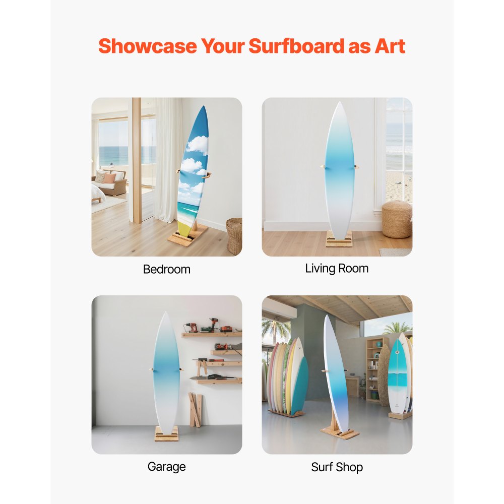 VEVOR Vertical Surfboard Stand, Wooden Surfboard Rack for Storage and Display, Adjustable & Freestanding Board Stand Organizer with Padding, for Wakeboards, Snowboards, Kiteboards, Shortboard, Skis