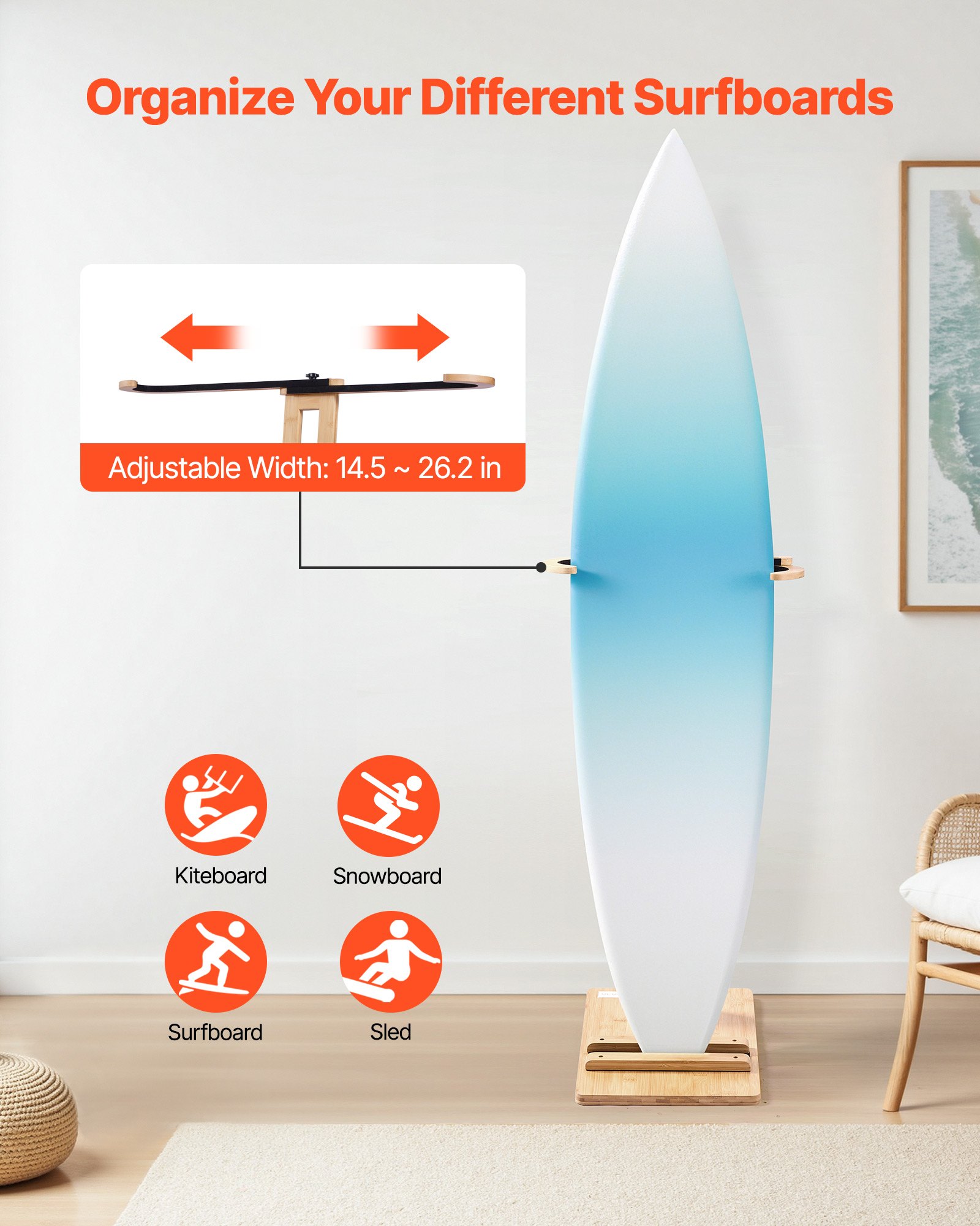 VEVOR Vertical Surfboard Stand, Wooden Surfboard Rack for Storage and Display, Adjustable & Freestanding Board Stand Organizer with Padding, for Wakeboards, Snowboards, Kiteboards, Shortboard, Skis
