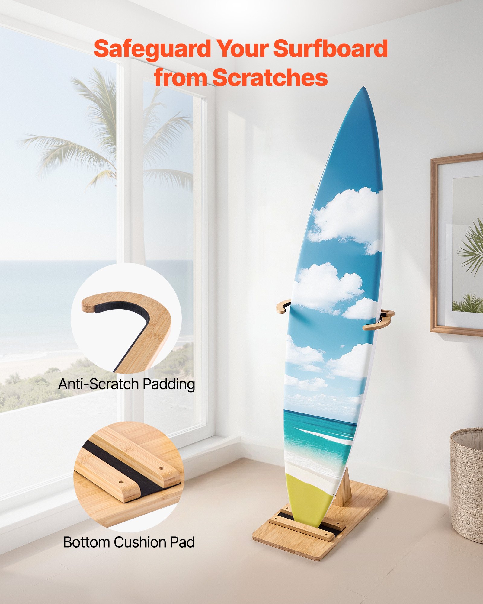 VEVOR Vertical Surfboard Stand, Wooden Surfboard Rack for Storage and Display, Adjustable & Freestanding Board Stand Organizer with Padding, for Wakeboards, Snowboards, Kiteboards, Shortboard, Skis