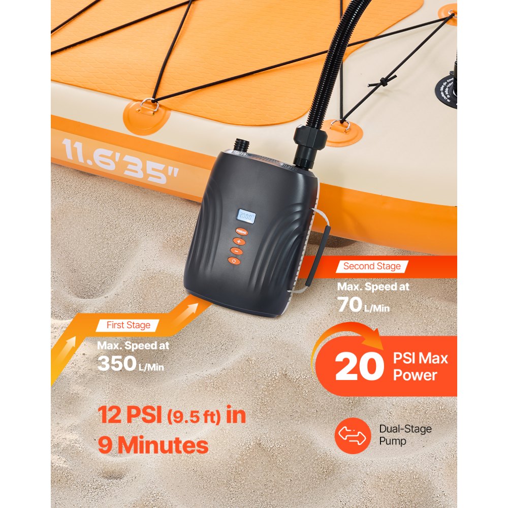 Pompka do deski SUP VEVOR (20 PSI) z akumulatorem, dwustopniowa elektryczna pompka powietrza do deski SUP z automatycznym wyłączaniem i zasilaniem samochodowym 12 V DC, pompowanie i spuszczanie powietrza, idealna do pontonów