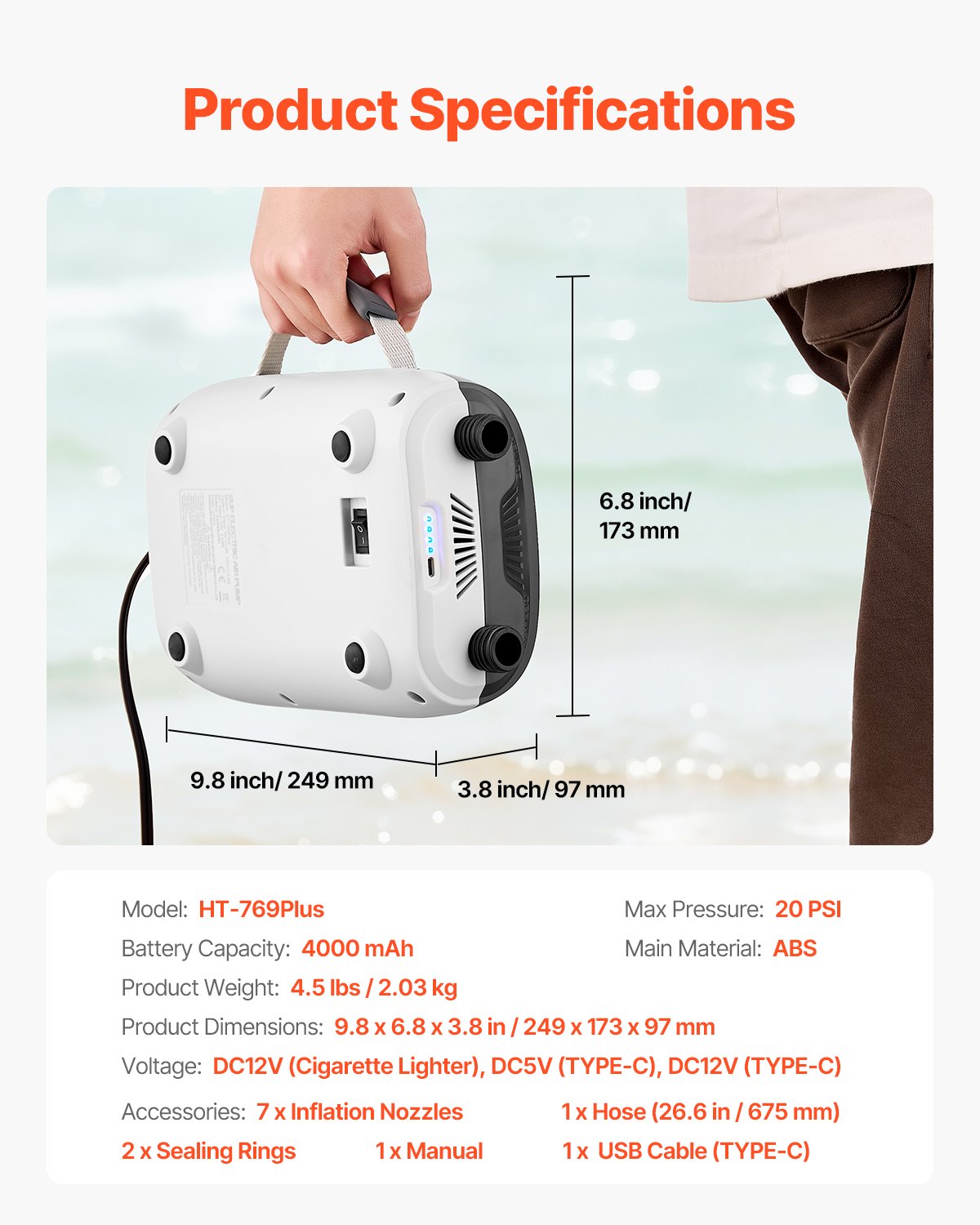 Pompka do deski SUP VEVOR (20 PSI) z akumulatorem, dwustopniowa elektryczna pompka powietrza do deski SUP z automatycznym wyłączaniem i zasilaniem samochodowym 12 V DC, pompowanie i spuszczanie powietrza, idealna do pontonów