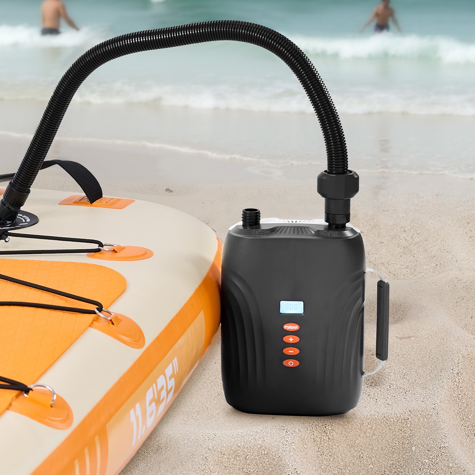 Pompka do deski SUP VEVOR (20 PSI) z akumulatorem, dwustopniowa elektryczna pompka powietrza do deski SUP z automatycznym wyłączaniem i zasilaniem samochodowym 12 V DC, pompowanie i spuszczanie powietrza, idealna do pontonów