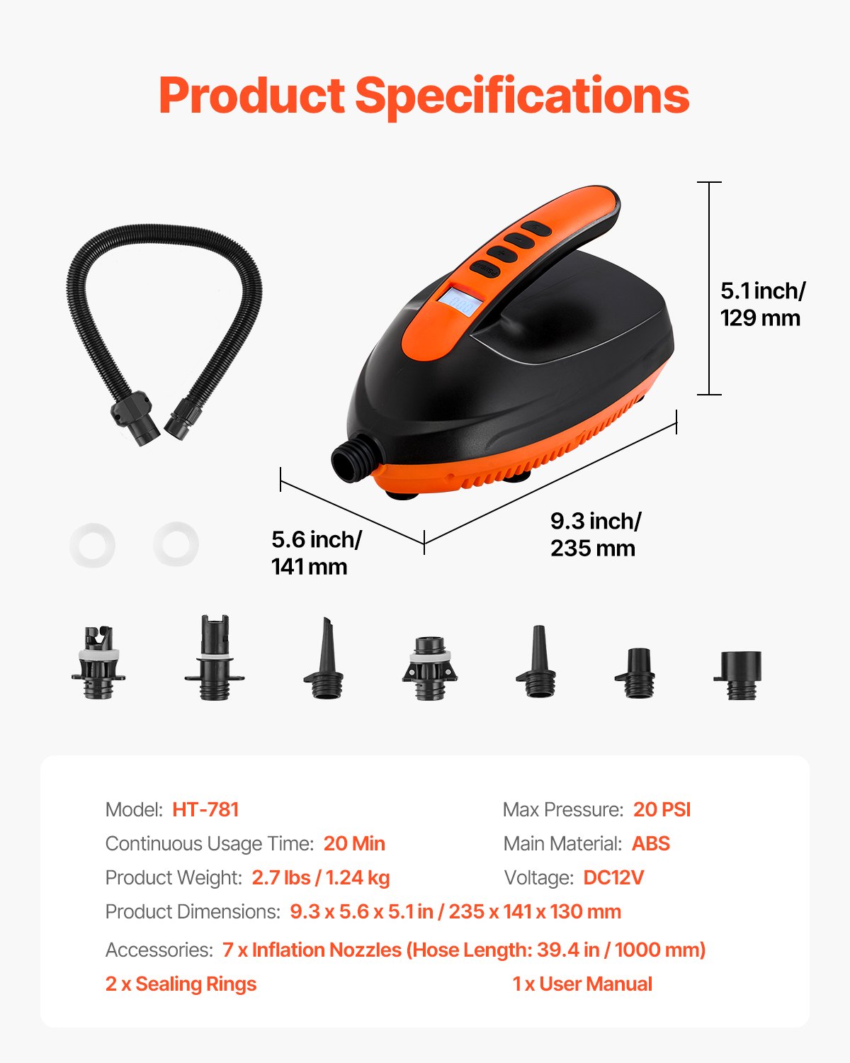 Pompka elektryczna do desek SUP VEVOR (20 PSI) z prędkością pompowania 70 l/min, automatycznym wyłączaniem i przyłączem 12 V prądu stałego, idealna do nadmuchiwanych desek SUP i namiotów