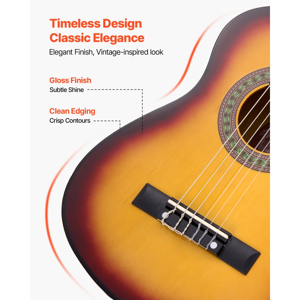 Gitara koncertowa VEVOR, 780 mm, drewniany zestaw startowy do gitary klasycznej dla początkujących, ze strunami nylonowymi, pokrowcem, paskiem, tunerem, dodatkowymi strunami, kostką, kapodastrem, drewno lipowe, dla początkujących, kolor Sunburst