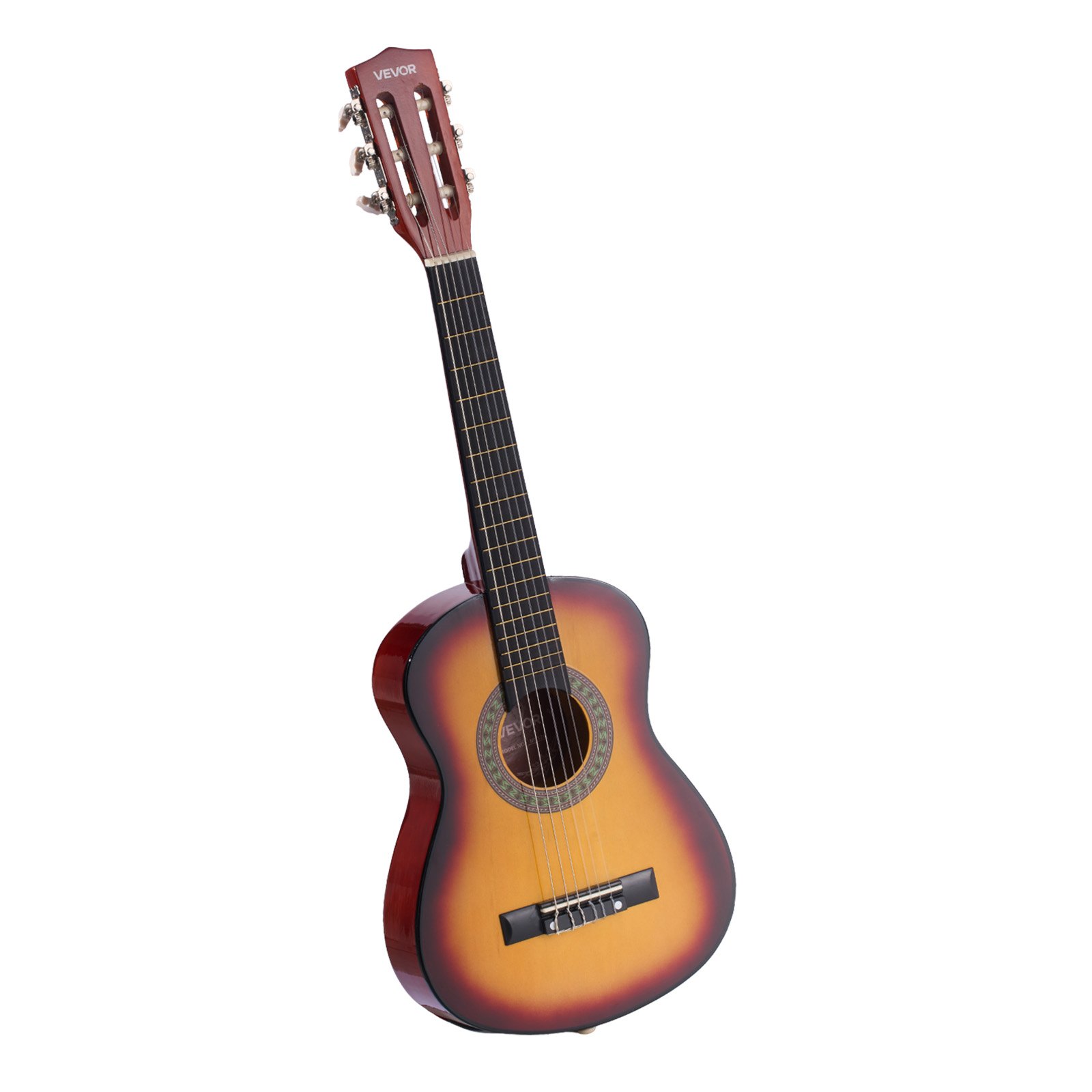 Gitara koncertowa VEVOR, 780 mm, drewniany zestaw startowy do gitary klasycznej dla początkujących, ze strunami nylonowymi, pokrowcem, paskiem, tunerem, dodatkowymi strunami, kostką, kapodastrem, drewno lipowe, dla początkujących, kolor Sunburst