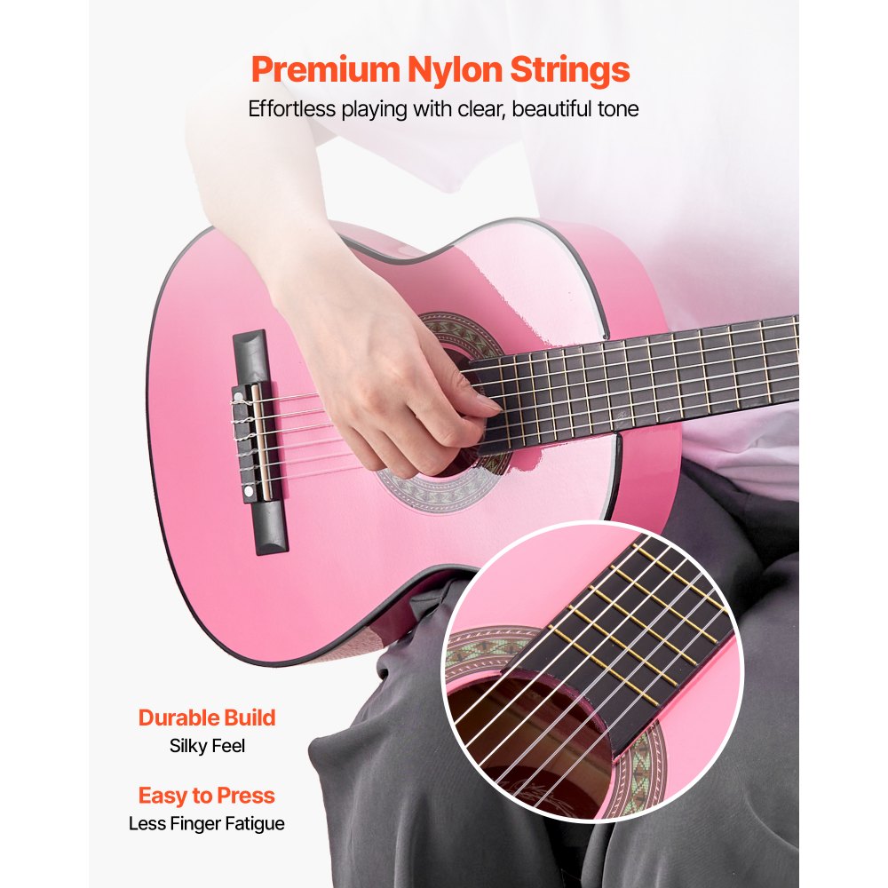 Gitara koncertowa VEVOR, 780 mm, zestaw startowy do gitary klasycznej z drewna dla początkujących, z nylonowymi strunami, pokrowcem, paskiem, tunerem, dodatkowymi strunami, kostkami, kapodastrem, drewnem lipowym, dla początkujących, uczniów, kolor różowy