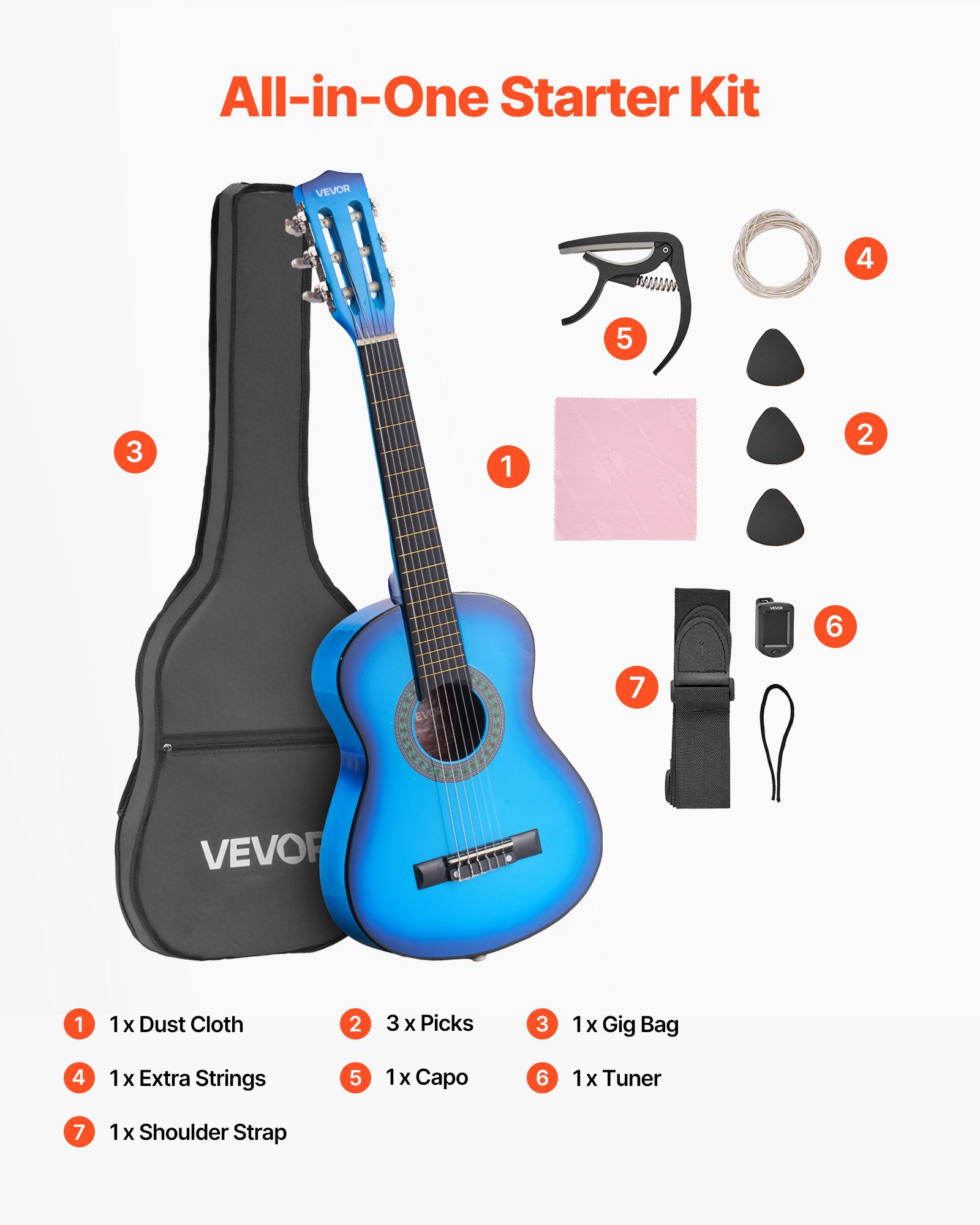 VEVOR Gitara koncertowa, 780 mm, drewniany zestaw startowy do gitary klasycznej dla początkujących, ze strunami nylonowymi, pokrowcem, paskiem, tunerem, dodatkowymi strunami, kostkami, kapodastrem, drewno lipowe, dla początkujących, kolor niebieski