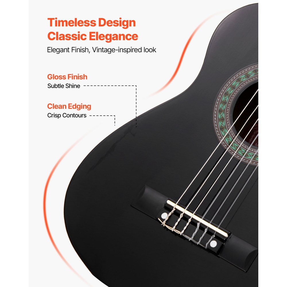 VEVOR Gitara koncertowa, 780 mm, drewniany zestaw startowy do gitary klasycznej dla początkujących, ze strunami nylonowymi, pokrowcem, paskiem, tunerem, dodatkowymi strunami, kostkami, kapodastrem, drewno lipowe, dla początkujących, kolor czarny