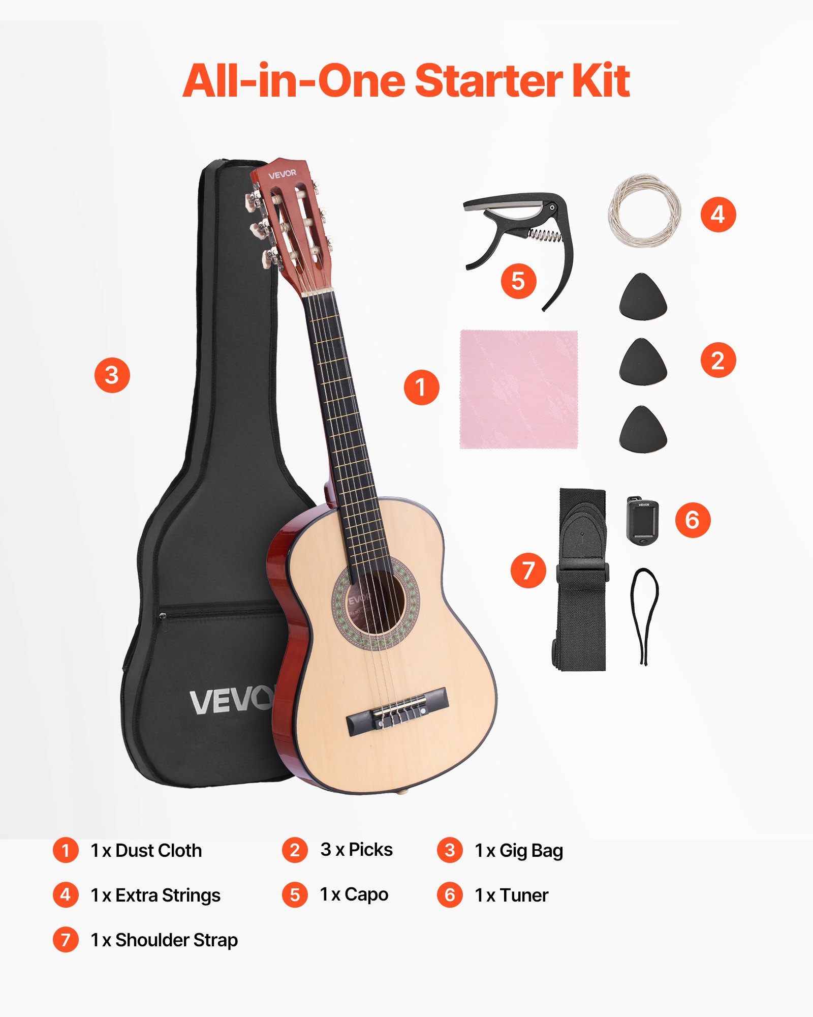VEVOR Classical Guitar, 780 mm, Wood Classical Guitar Starter Kit for Beginners, with Nylon Strings, Gig Bag, Strap, Tuner, Extra Strings, Picks, Capo, Basswood, for Kids Girls Boys Students, Natural