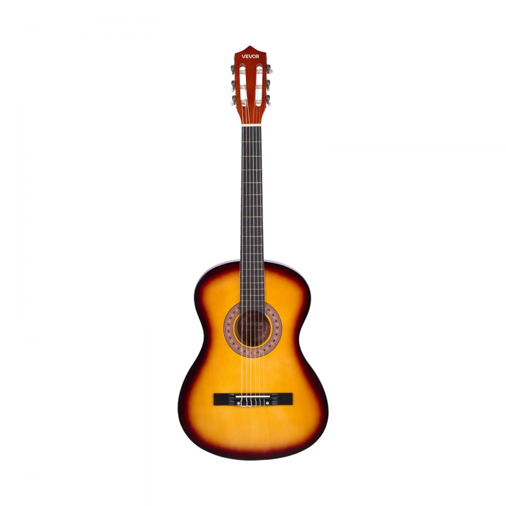 VEVOR Gitara koncertowa, 960 mm, drewniany zestaw startowy do gitary klasycznej dla początkujących, ze strunami nylonowymi, pokrowcem, paskiem, tunerem, dodatkową struną, kostką, kapodastrem, drewnem lipowym, dla początkujących, kolor Sunburst