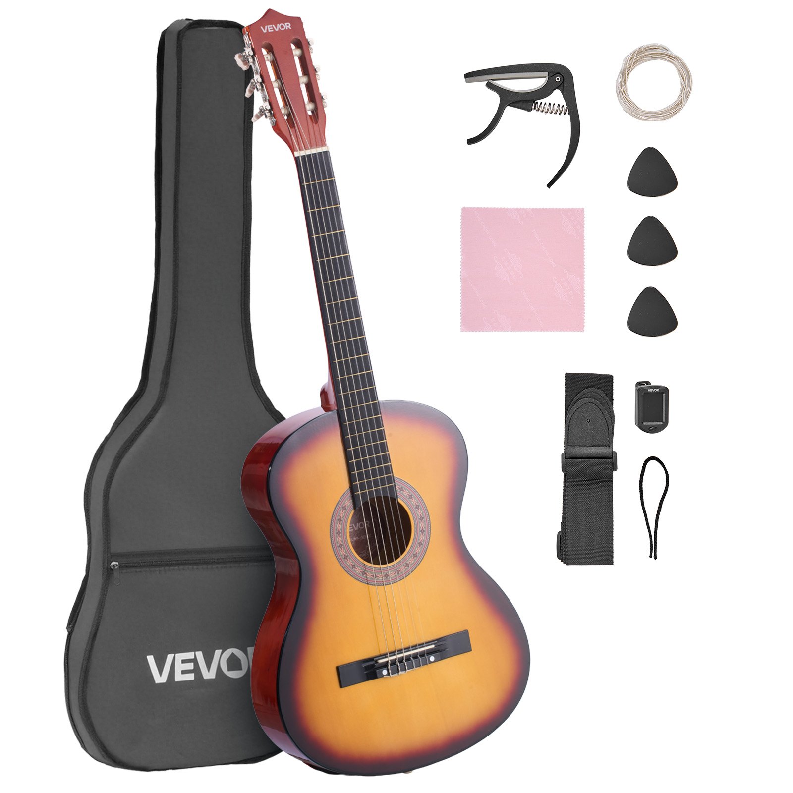 VEVOR Gitara koncertowa, 960 mm, drewniany zestaw startowy do gitary klasycznej dla początkujących, ze strunami nylonowymi, pokrowcem, paskiem, tunerem, dodatkową struną, kostką, kapodastrem, drewnem lipowym, dla początkujących, kolor Sunburst