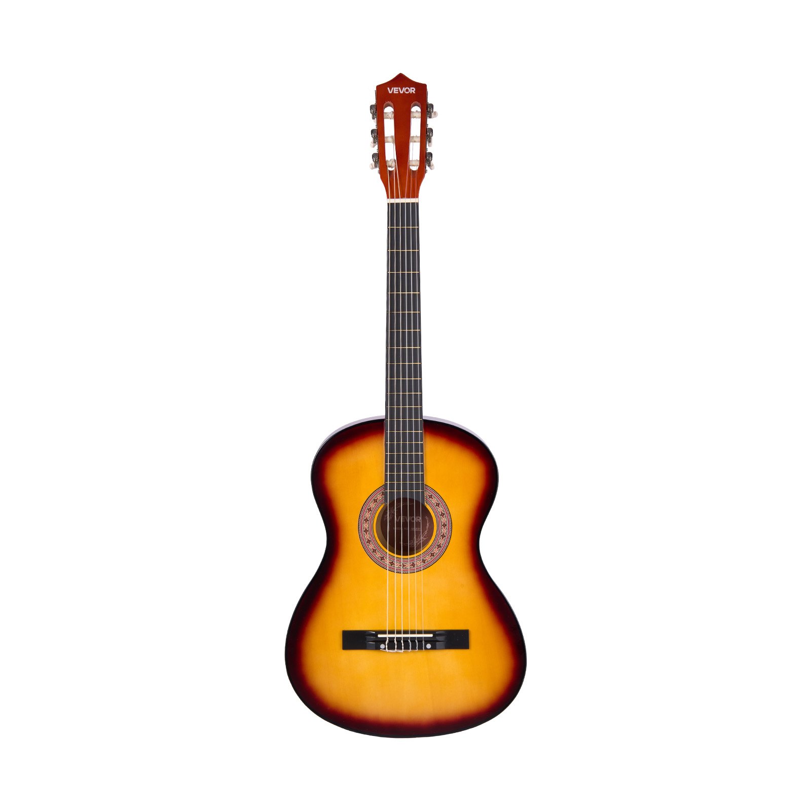 VEVOR Gitara koncertowa, 960 mm, drewniany zestaw startowy do gitary klasycznej dla początkujących, ze strunami nylonowymi, pokrowcem, paskiem, tunerem, dodatkową struną, kostką, kapodastrem, drewnem lipowym, dla początkujących, kolor Sunburst