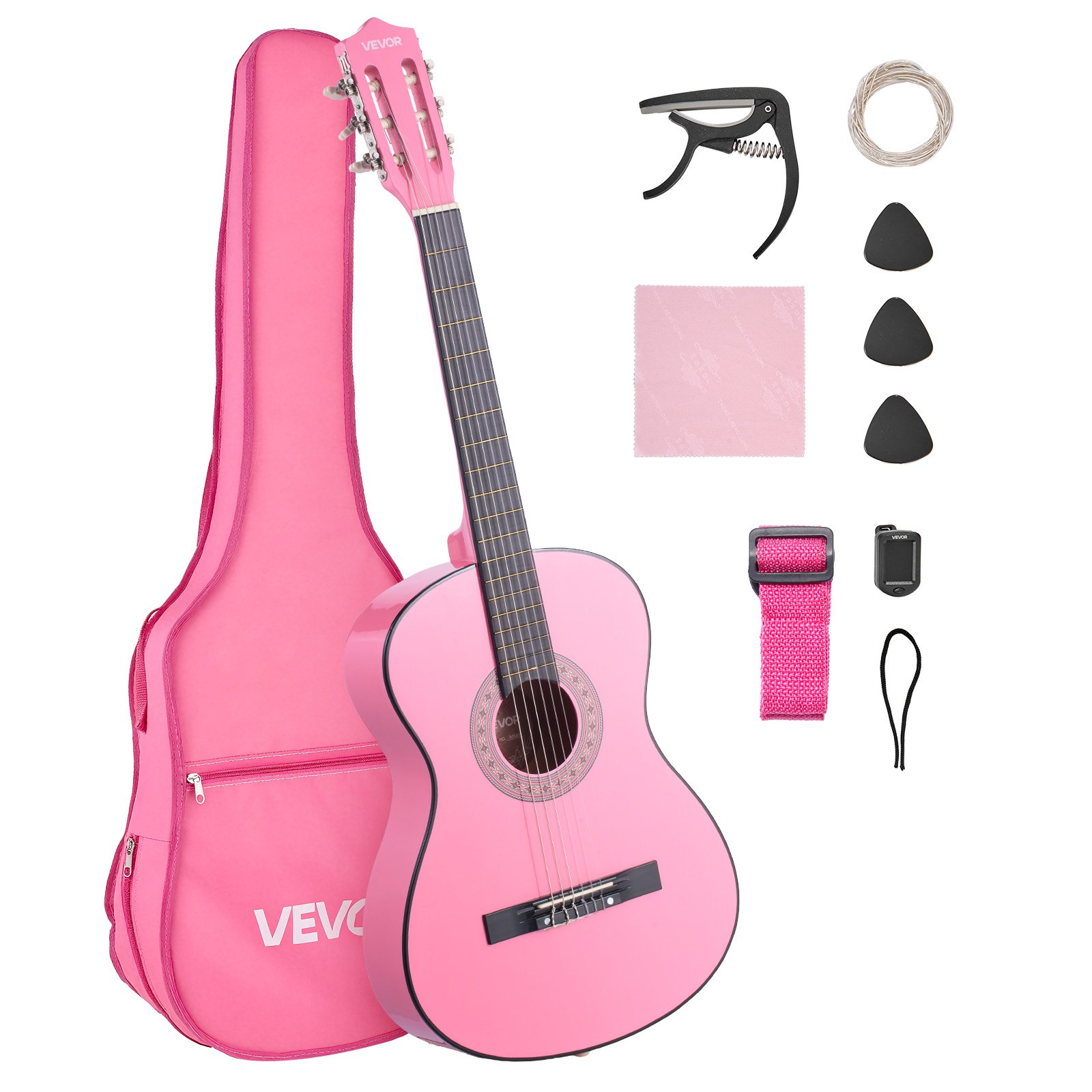 VEVOR Gitara koncertowa, 960 mm, drewniany zestaw startowy do gitary klasycznej dla początkujących, z nylonowymi strunami, pokrowcem, paskiem, tunerem, dodatkowymi strunami, kostkami, kapodastrem, drewno lipowe, dla początkujących, kolor różowy