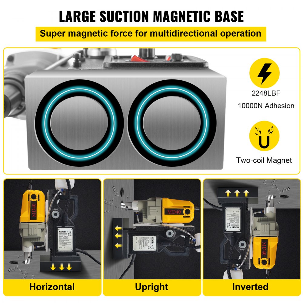 VEVOR Wiertarka Magnetyczna, średnica Wytaczania 1100W 1,57", Przenośna Elektryczna Wiertarka Magnetyczna 2697lbf/12000n Z, Wiertarka O Maksymalnej Prędkości 580 Obr./min Do Dowolnej Powierzchni
