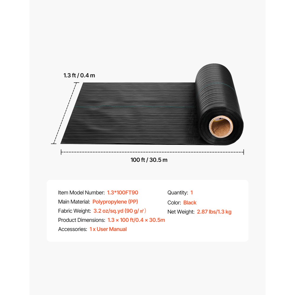 VEVOR Weed Barrier Fabric Heavy Duty, 0.4 x 30.5m 90.7g Landscape Fabric, Woven Weed Blocker Fabrics, Garden Fabrics Weeds Barrier, Weeds Control Ground Cover, Geotextile Webbing, Gardening Mat, Black
