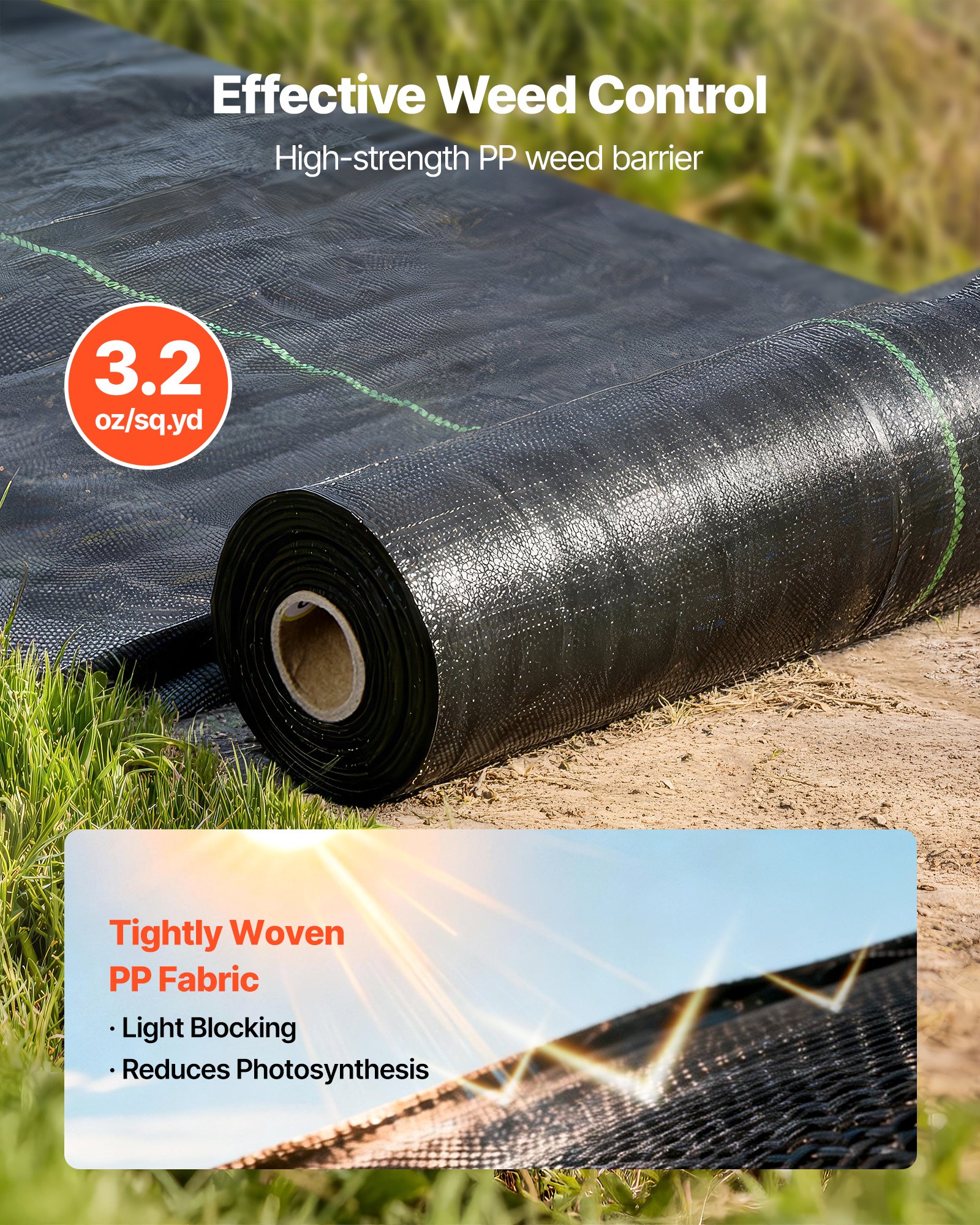 Mata przeciw chwastom VEVOR 0,4 x 15,2 m, włóknina ogrodowa 90 g/m², polipropylenowa mata przeciw chwastom, bariera przeciw chwastom z wysoką wentylacją i drenażem, bariera korzeniowa do szklarni, gospodarstw rolnych i ogrodów, czarna