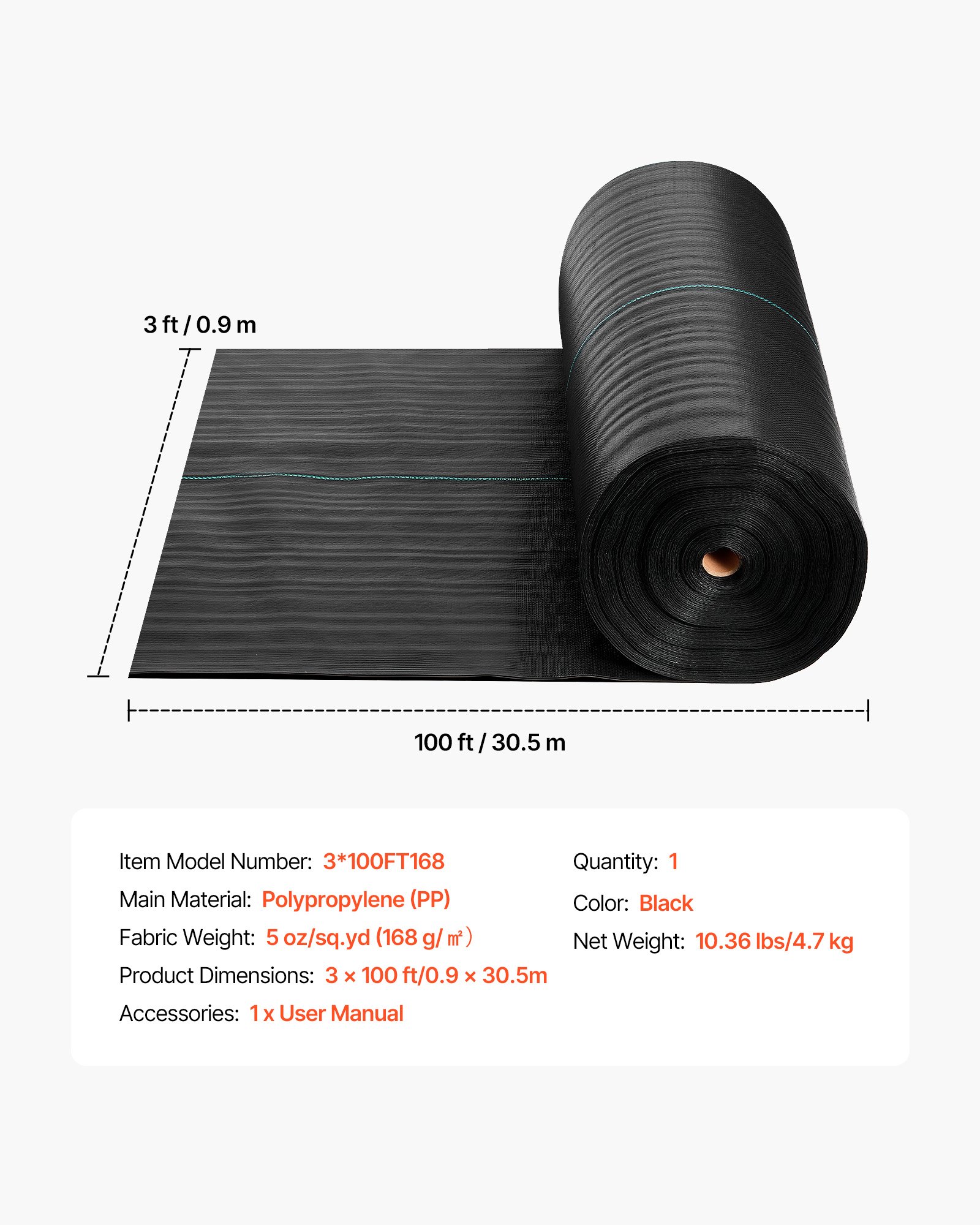 Mata przeciw chwastom VEVOR 0,9 x 30,5 m, włóknina ogrodowa 168 g/m², polipropylenowa mata przeciw chwastom, bariera przeciw chwastom z wysoką wentylacją i drenażem, bariera korzeniowa do szklarni, gospodarstw rolnych i ogrodów, czarna