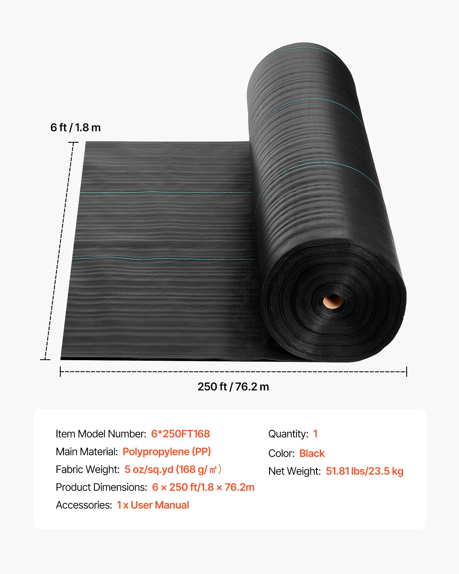 Mata przeciw chwastom VEVOR 1,8 x 76,2 m, włóknina ogrodowa 168 g/m², polipropylenowa mata przeciw chwastom, bariera przeciw chwastom z wysoką wentylacją i drenażem, bariera korzeniowa do szklarni, gospodarstw rolnych i ogrodów, czarna