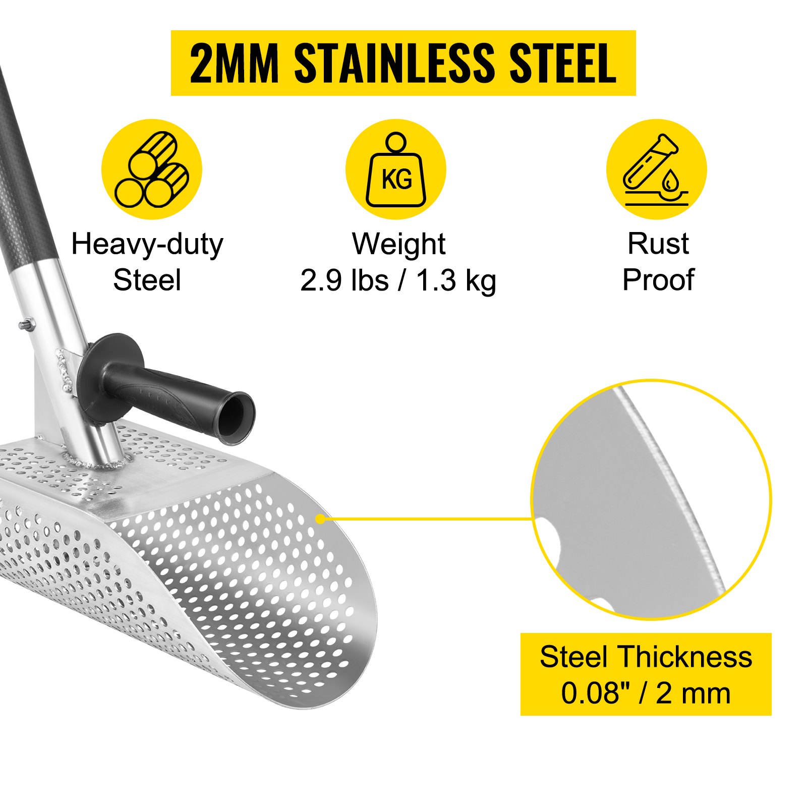 VEVOR łopata do piasku łopata watowa wykrywacz metali ze stali nierdzewnej 13x25cm uchwyt z włókna węglowego