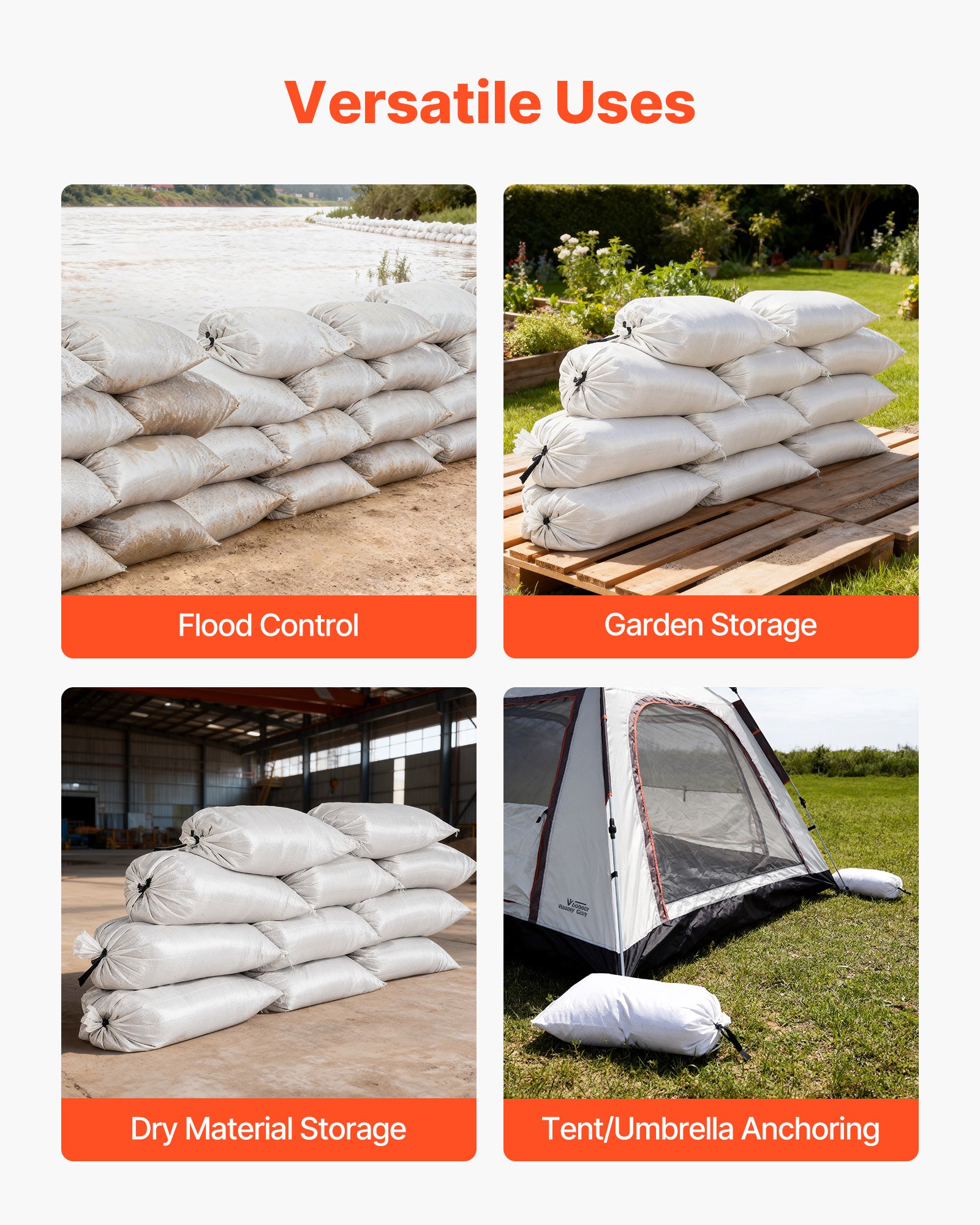 VEVOR Empty Sandbags, 50 Packs 40 x 66 cm, Heavy Duty Sand Bags Sacks with Ties, 22.6 kg Capacity Woven Polypropylene Sandbags, Tear-Resistant & UV-Resistant Sand Bags for Flood Protection Barrier