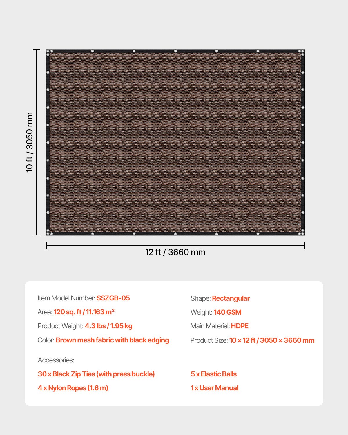 Żagiel przeciwsłoneczny VEVOR 90% chroniący przed słońcem (305 x 366 cm) do pergoli z przelotkami ze stali nierdzewnej, żagiel przeciwsłoneczny z materiału HDPE o gramaturze 140 g/m², do ogrodu zewnętrznego i na patio (brązowy)