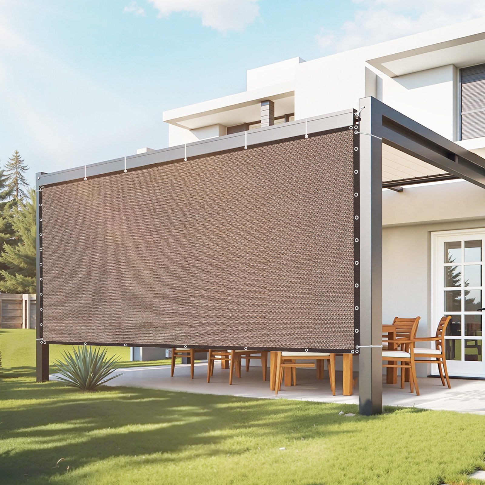 Żagiel przeciwsłoneczny VEVOR 90% chroniący przed słońcem (305 x 366 cm) do pergoli z przelotkami ze stali nierdzewnej, żagiel przeciwsłoneczny z materiału HDPE o gramaturze 140 g/m², do ogrodu zewnętrznego i na patio (brązowy)