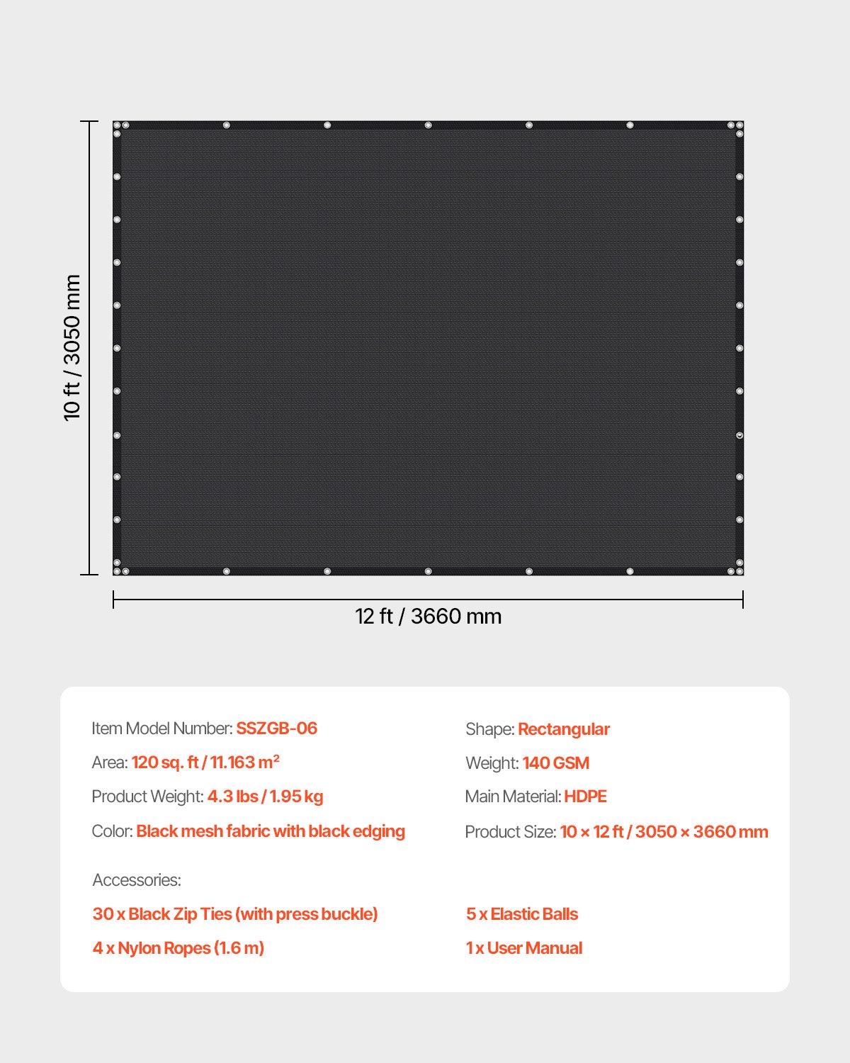 Żagiel przeciwsłoneczny VEVOR 90% chroniący przed słońcem (305 x 366 cm) do pergoli z przelotkami ze stali nierdzewnej, żagiel przeciwsłoneczny z materiału HDPE o gramaturze 140 g/m², do ogrodu i na patio (czarny)