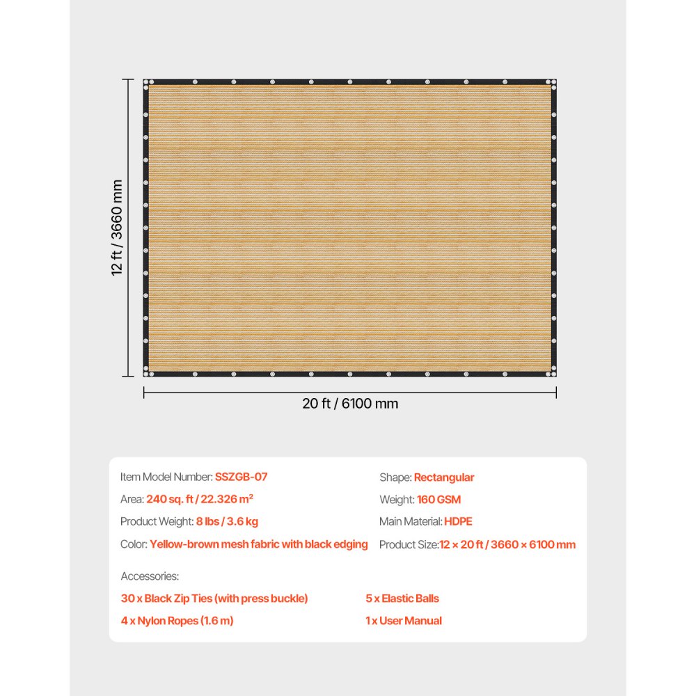 Żagiel przeciwsłoneczny VEVOR 90% chroniący przed słońcem (366 x 610 cm) do pergoli z przelotkami ze stali nierdzewnej, żagiel przeciwsłoneczny z materiału HDPE o gramaturze 160 g/m², do ogrodu i na patio (beżowy)
