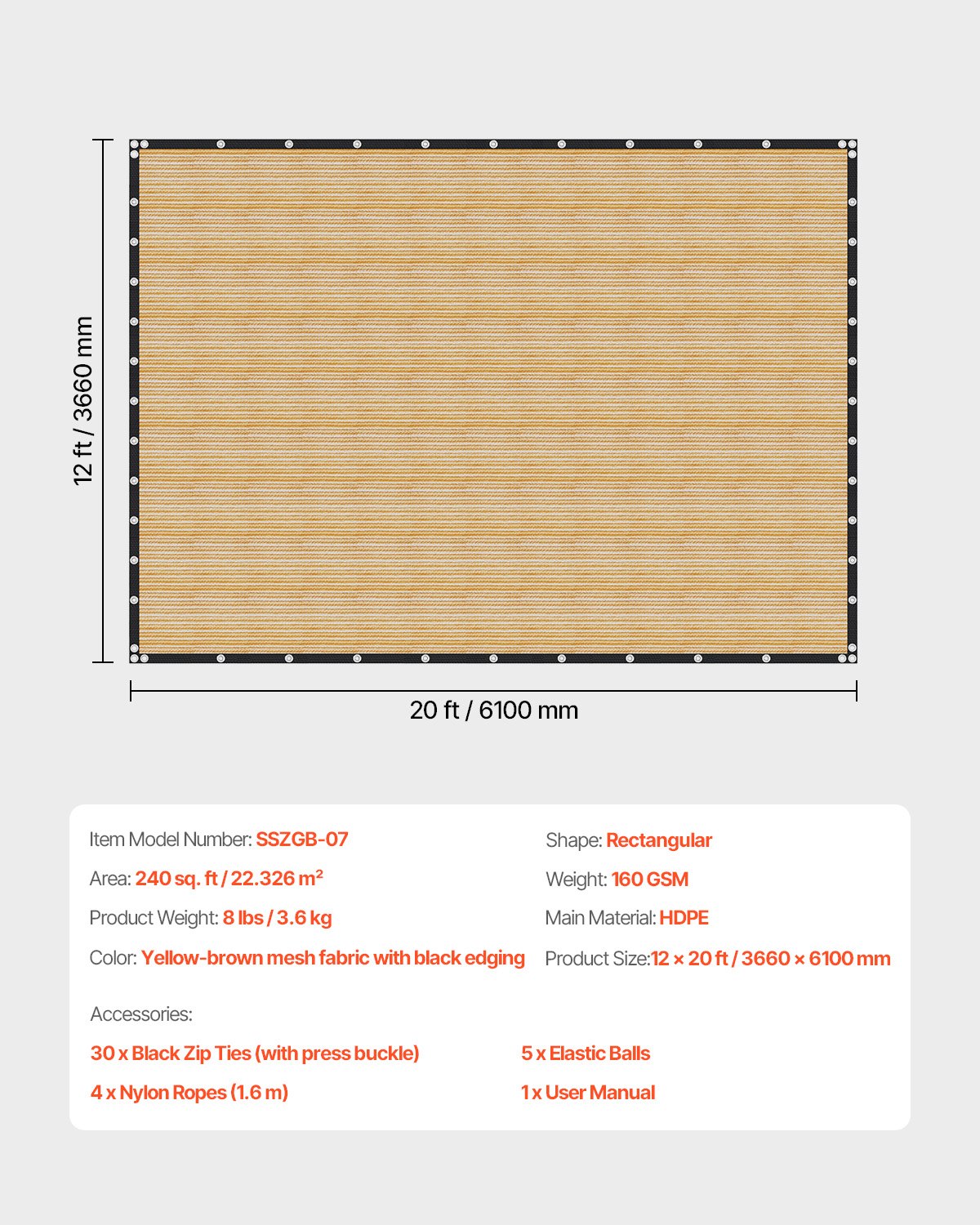 Żagiel przeciwsłoneczny VEVOR 90% chroniący przed słońcem (366 x 610 cm) do pergoli z przelotkami ze stali nierdzewnej, żagiel przeciwsłoneczny z materiału HDPE o gramaturze 160 g/m², do ogrodu i na patio (beżowy)