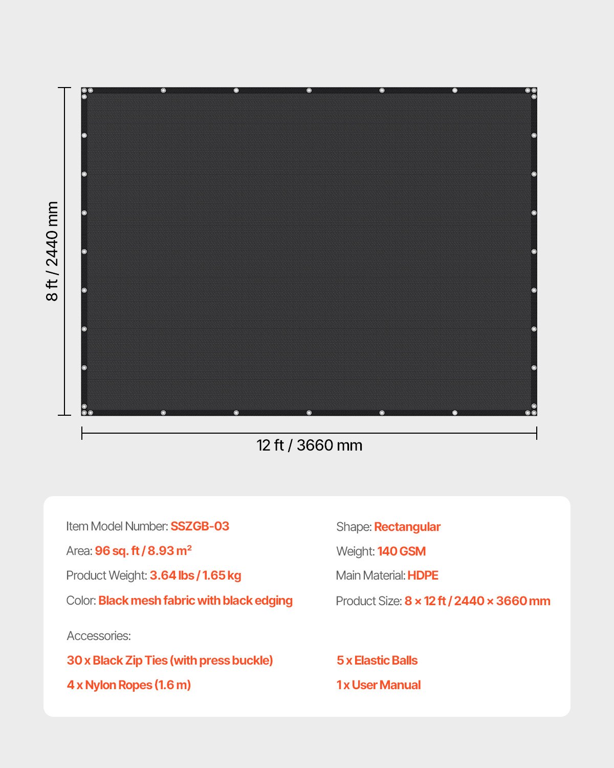 Żagiel przeciwsłoneczny VEVOR 90% chroniący przed słońcem (244 x 366 cm) do pergoli z przelotkami ze stali nierdzewnej, żagiel przeciwsłoneczny z materiału HDPE o gramaturze 140 g/m², do ogrodu i na patio (czarny)