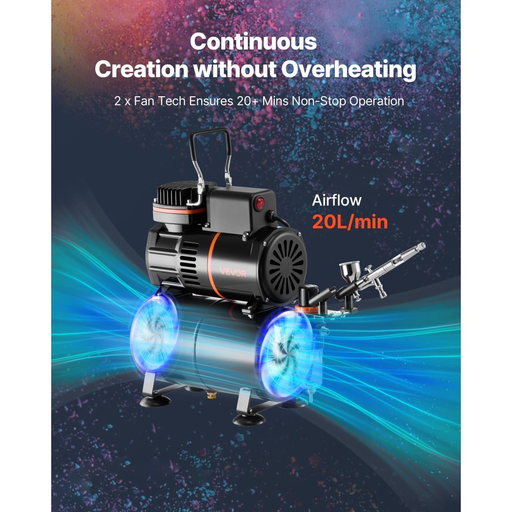 VEVOR Airbrush Kit, 1/6 HP, Air Brush Kit with Air Compressor and Tank, 1 Dual-Action Professional Airbrush with 1 Tip, Hose, Acrylic Paint, 2 Fans, for Cake Decorating, Model Painting, Nail Art