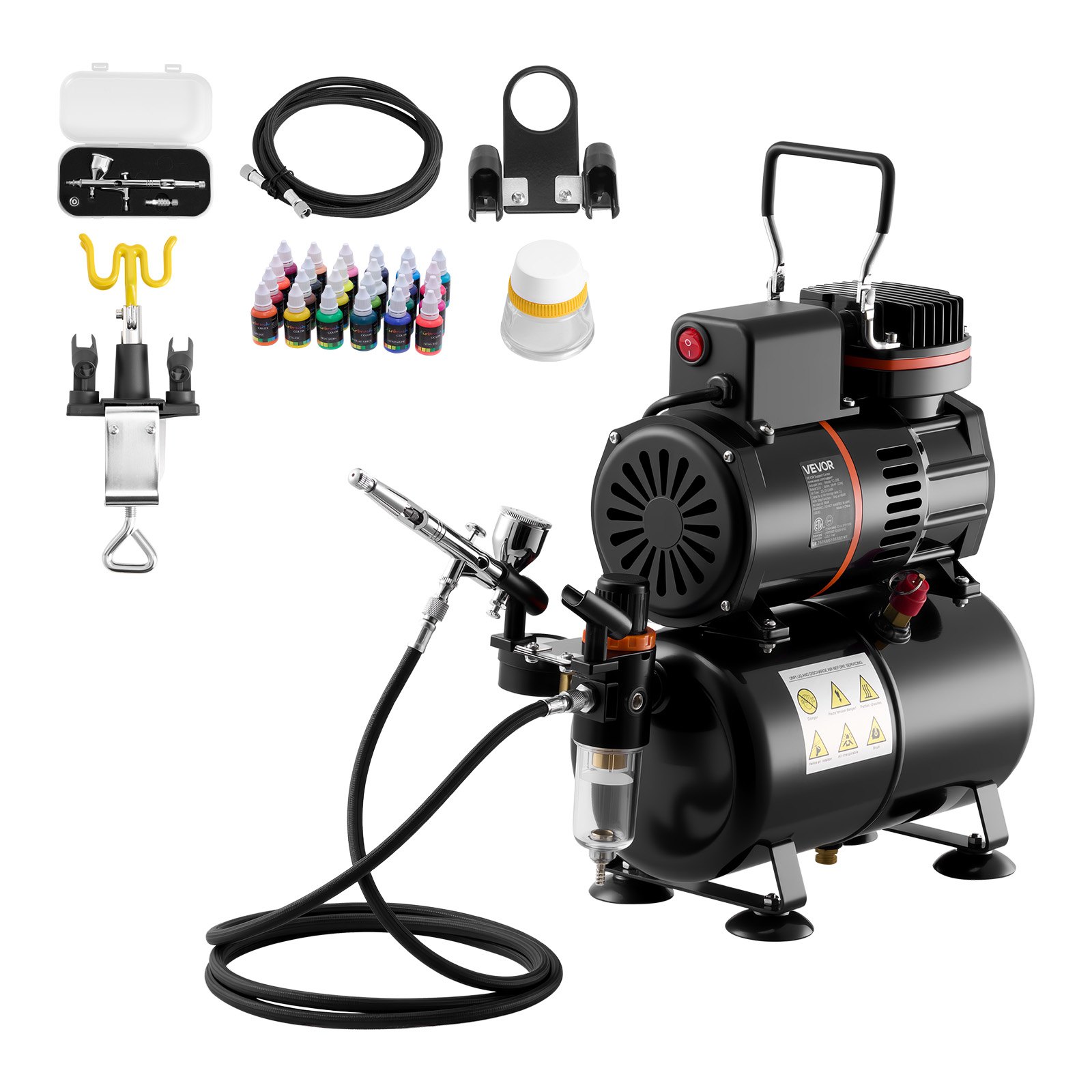 VEVOR Airbrush Kit, 1/6 HP, Air Brush Kit with Air Compressor and Tank, 1 Dual-Action Professional Airbrush with 1 Tip, Hose, Acrylic Paint, 2 Fans, for Cake Decorating, Model Painting, Nail Art