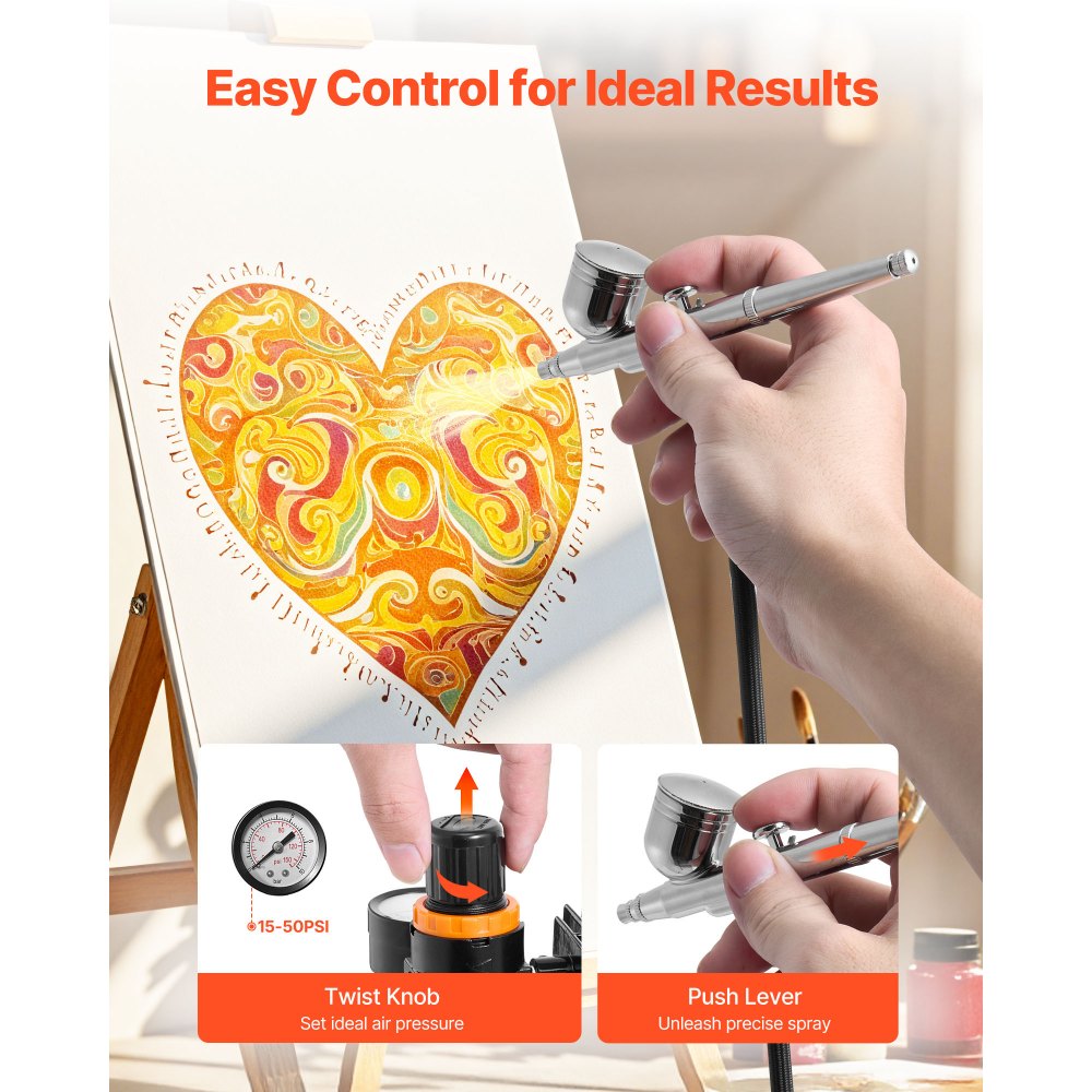 VEVOR Airbrush Kit, 1/6 HP, Air Brush Kit with Air Compressor, 3 Dual-Action Professional Airbrushes with 3 Tips, Hose, Acrylic Paint, 2 Fans, Low Noise, for Cake Decorating, Model Painting, Nail Art