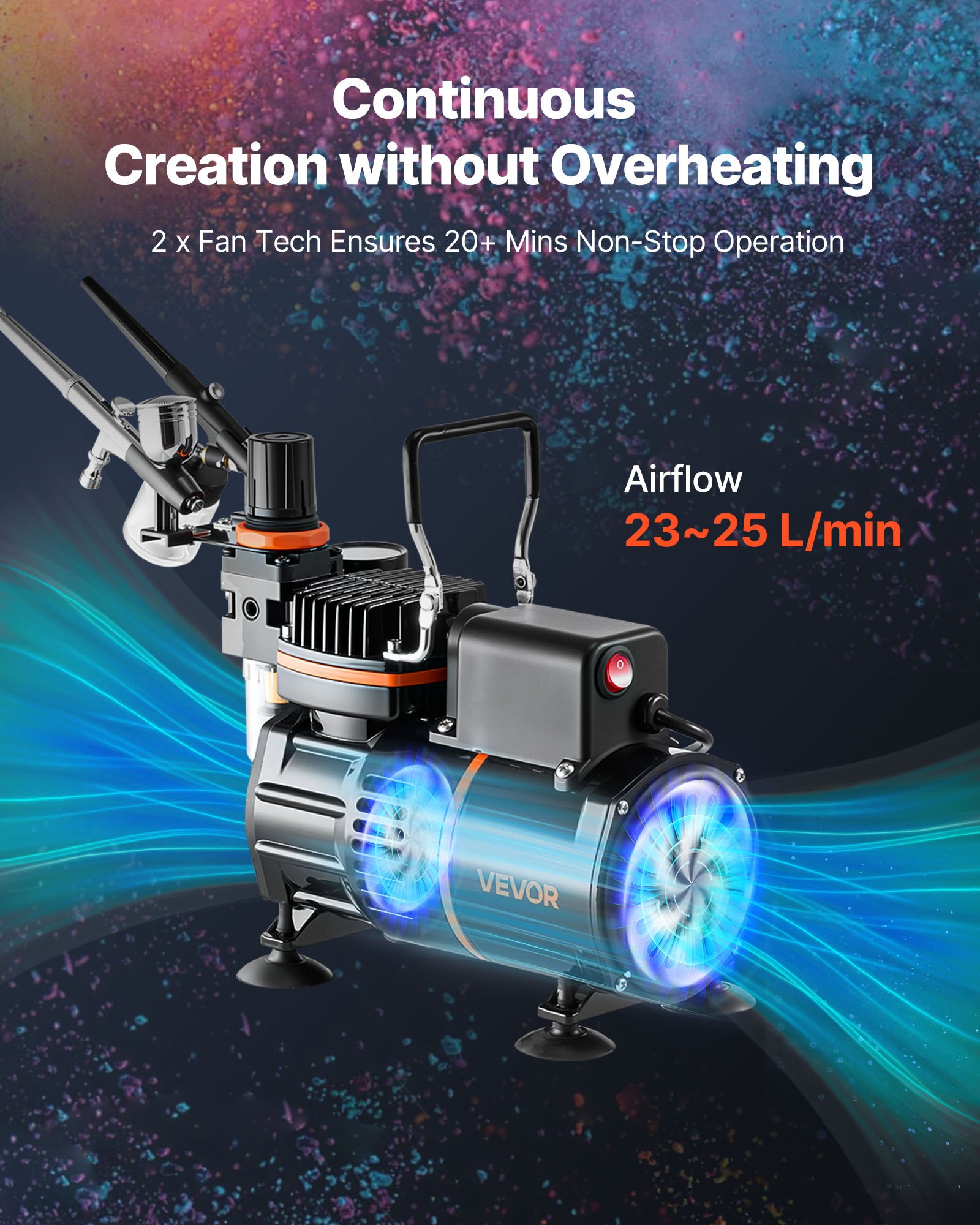 Zestaw aerografu VEVOR 1/6 KM ze sprężarką powietrza, 3 pistolety aerografu dwustronnego działania z 3 dyszami (0,3/0,3/0,8 mm) i wężem, farbą akrylową i 2 wentylatorami, do dekoracji tortów, malowania modeli i zdobienia paznokci