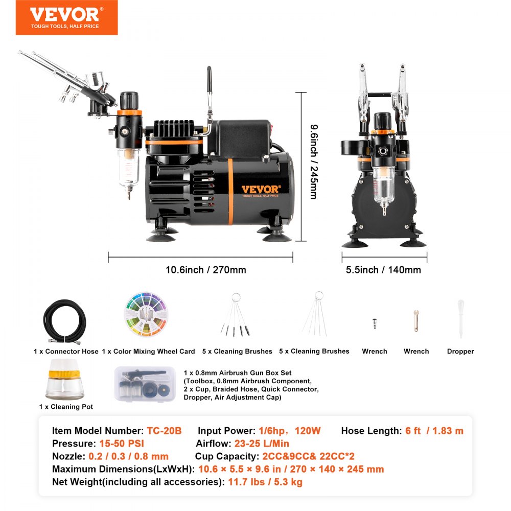 Zestaw aerografu VEVOR, kompresor powietrza z podwójnym wentylatorem, profesjonalny zestaw z 3 aerografami, uchwyt, koło do mieszania farb, zestaw pędzli czyszczących, zestaw aerografów do malowania paznokci, ciasteczek, makijażu, K